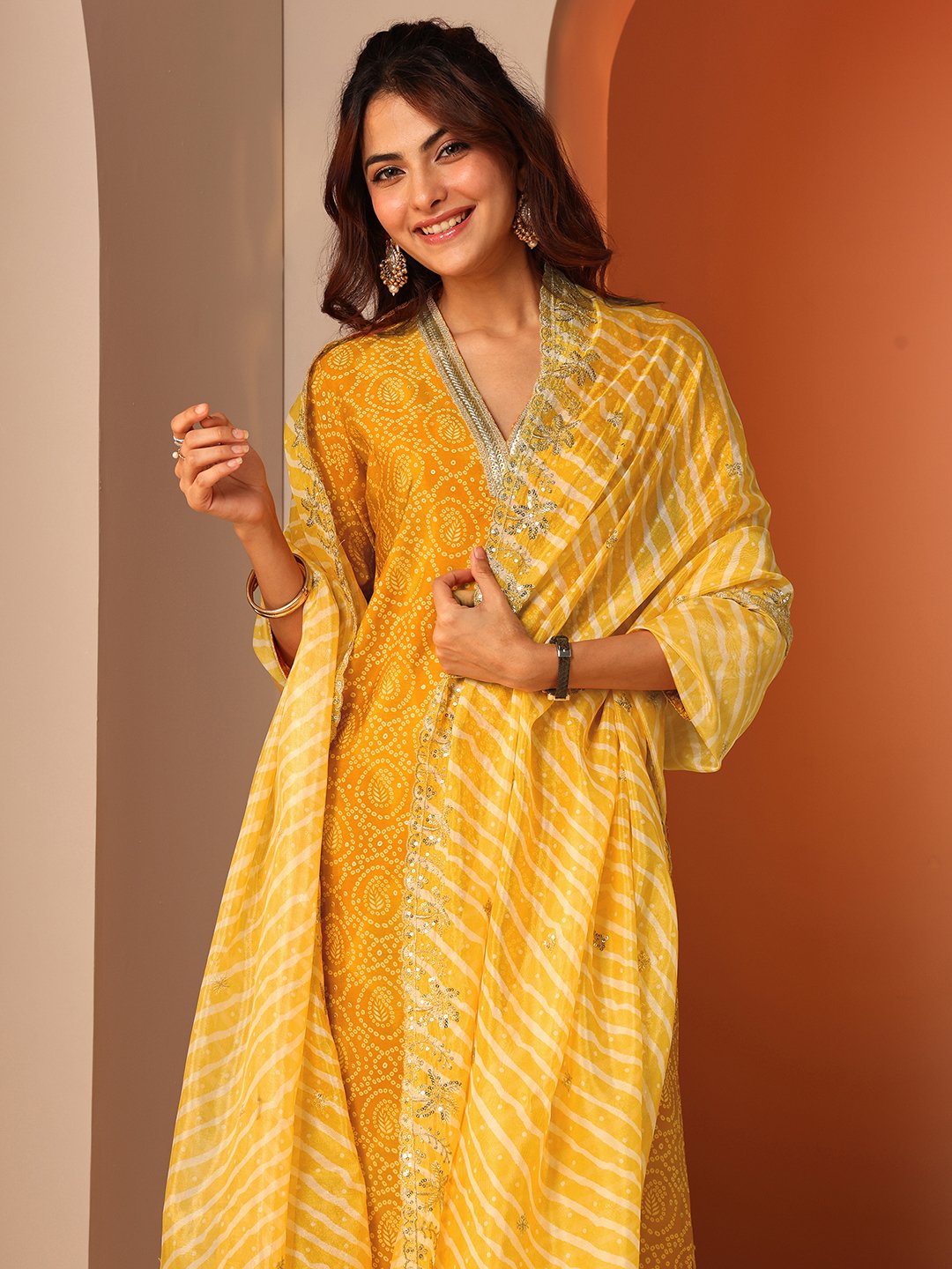 Yellow Printed Silk Blend Straight Kurta, Trousers and Dupatta Set