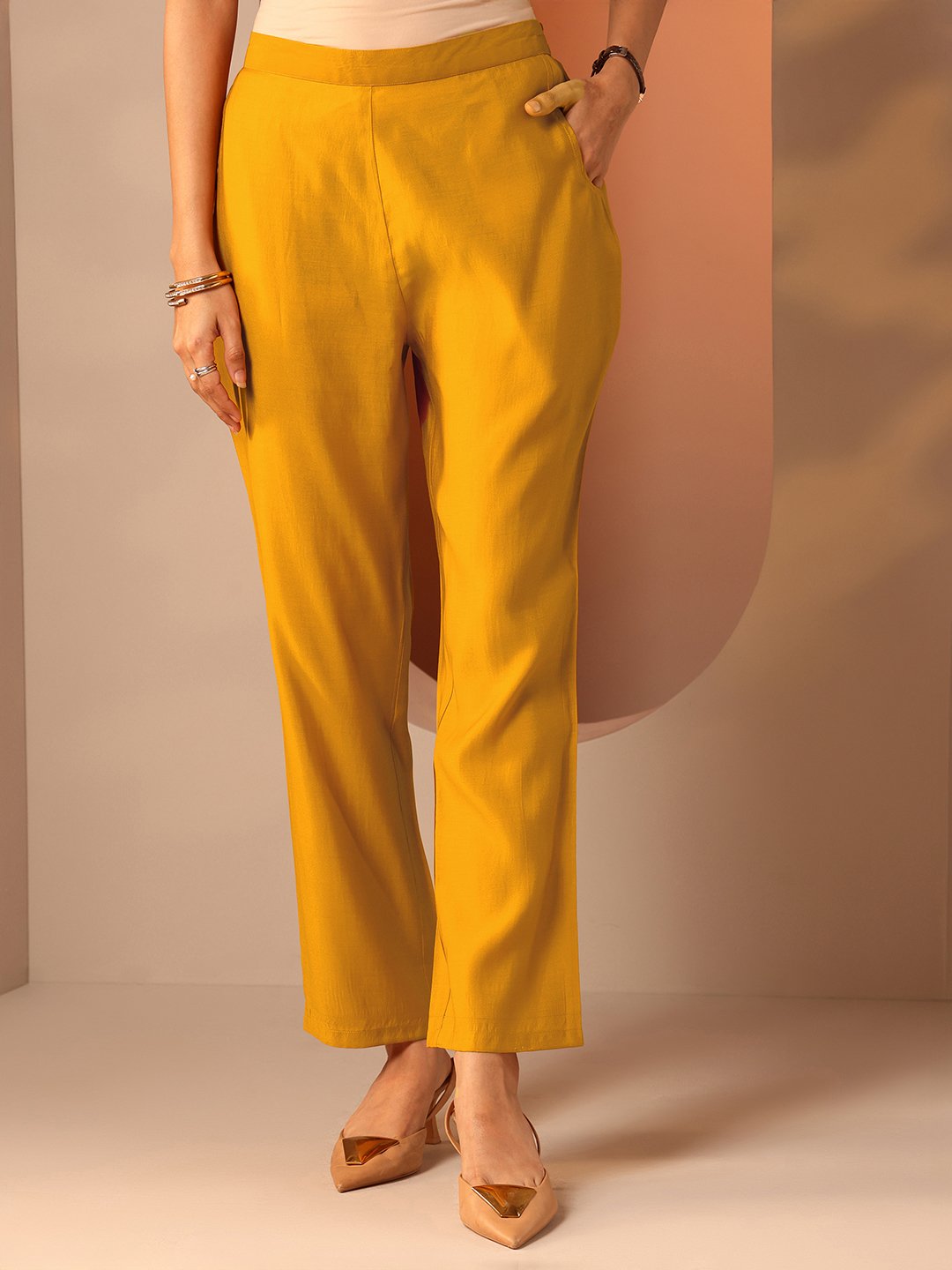 Yellow Printed Silk Blend Straight Kurta, Trousers and Dupatta Set