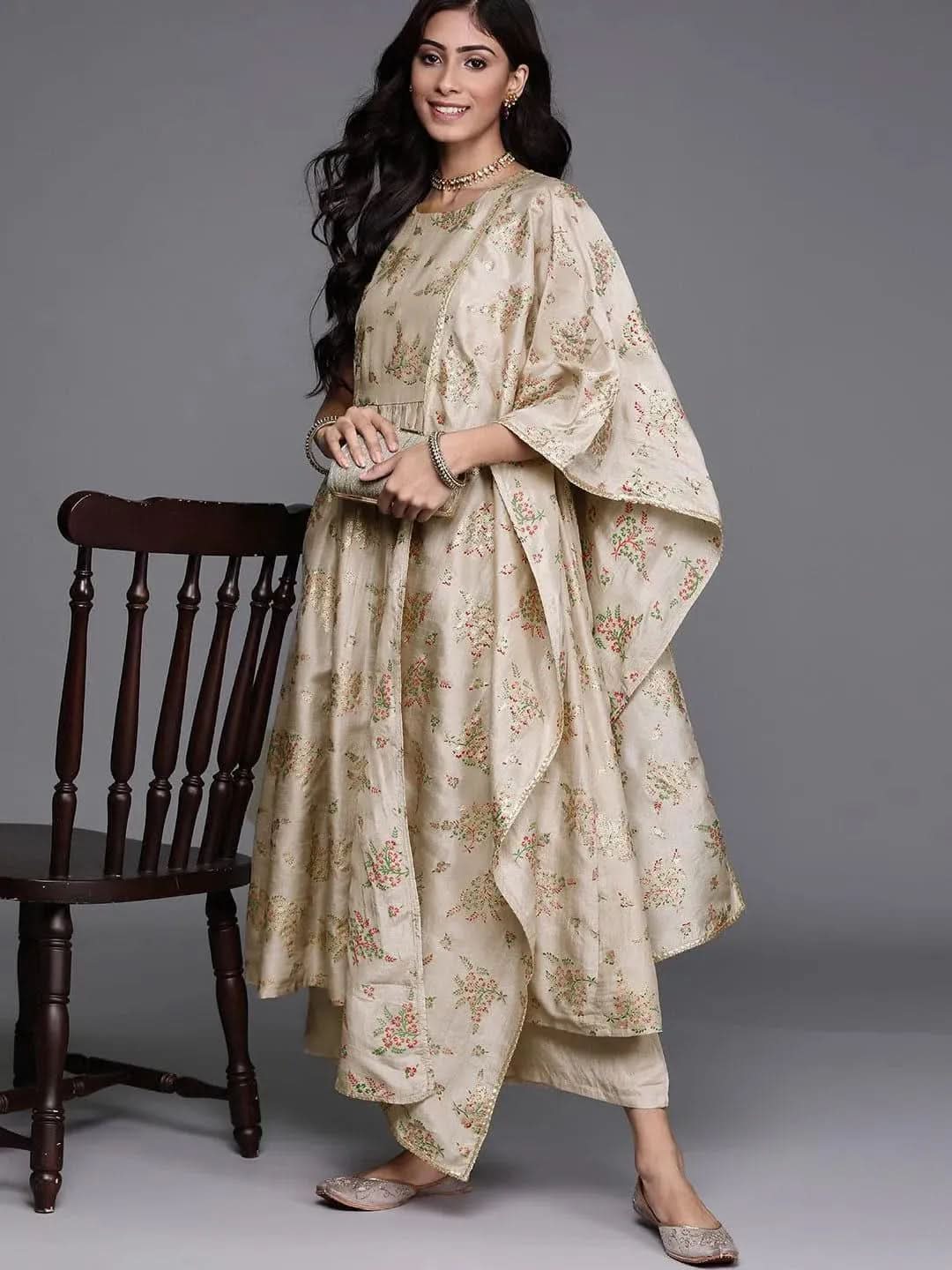 Grey Printed Silk Blend A-Line Kurta, Palazzos and Dupatta Set