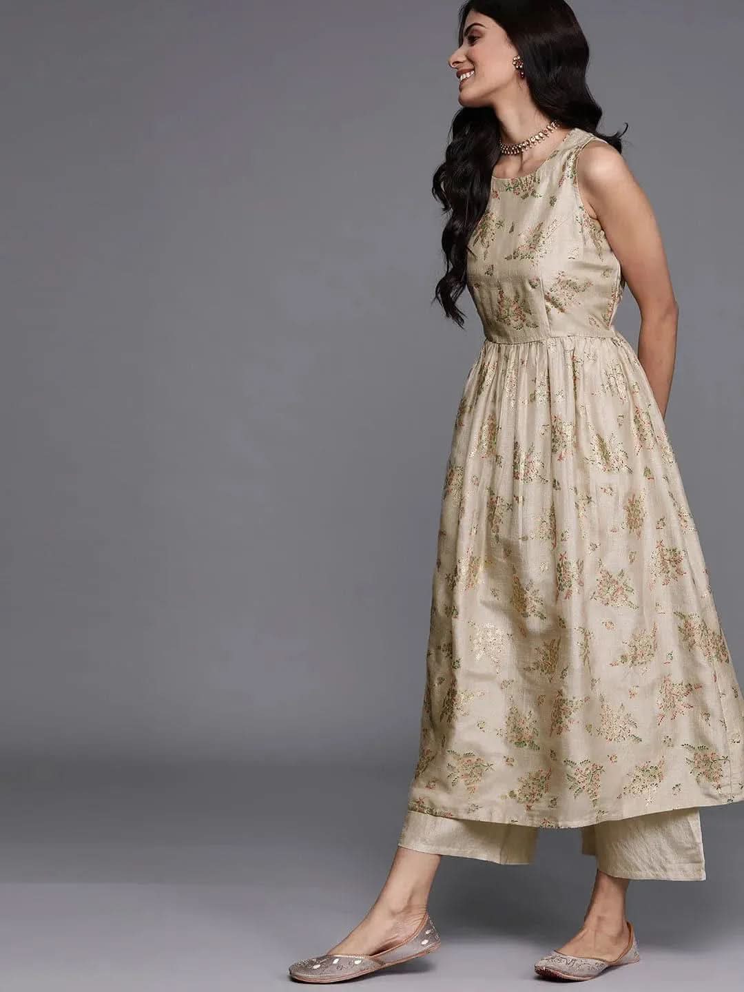 Grey Printed Silk Blend A-Line Kurta, Palazzos and Dupatta Set