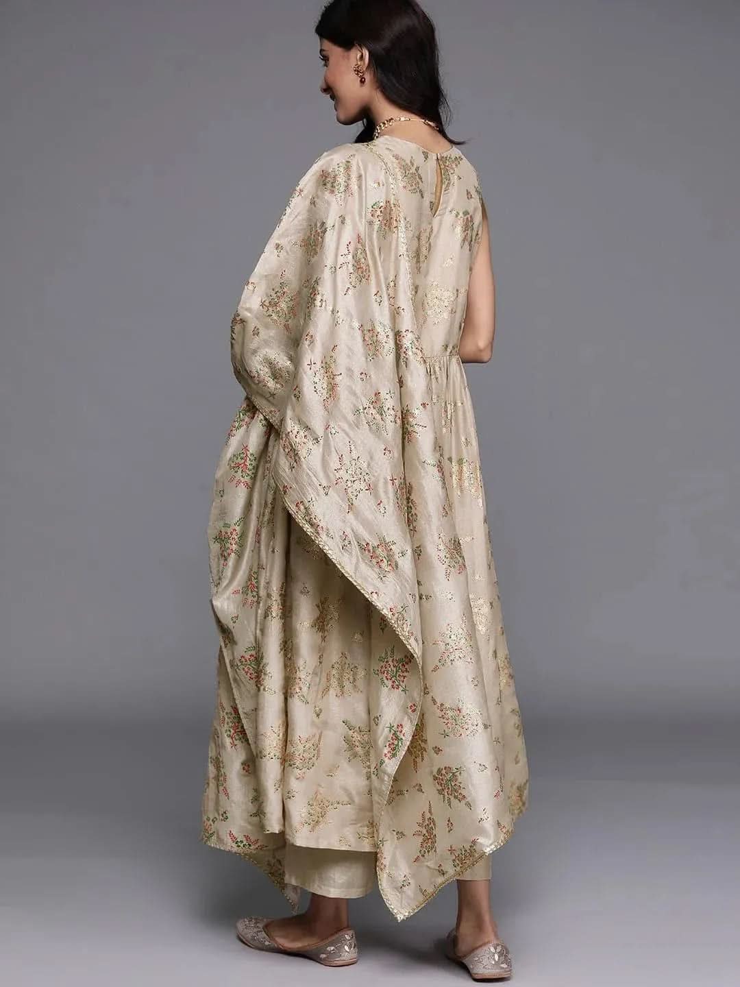 Grey Printed Silk Blend A-Line Kurta, Palazzos and Dupatta Set