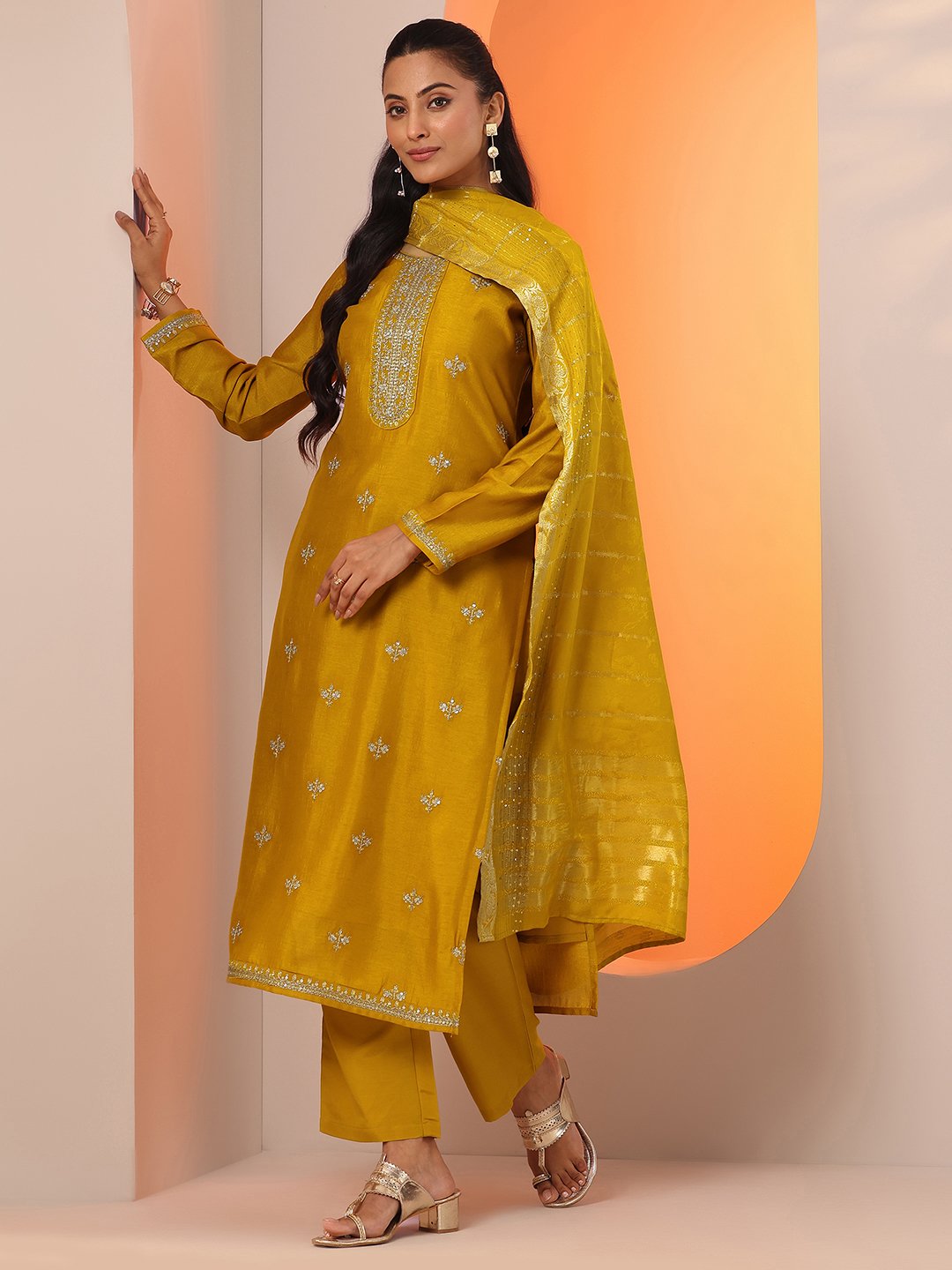 Mustard Embellished Silk Blend Straight Kurta, Trousers and Dupatta Set