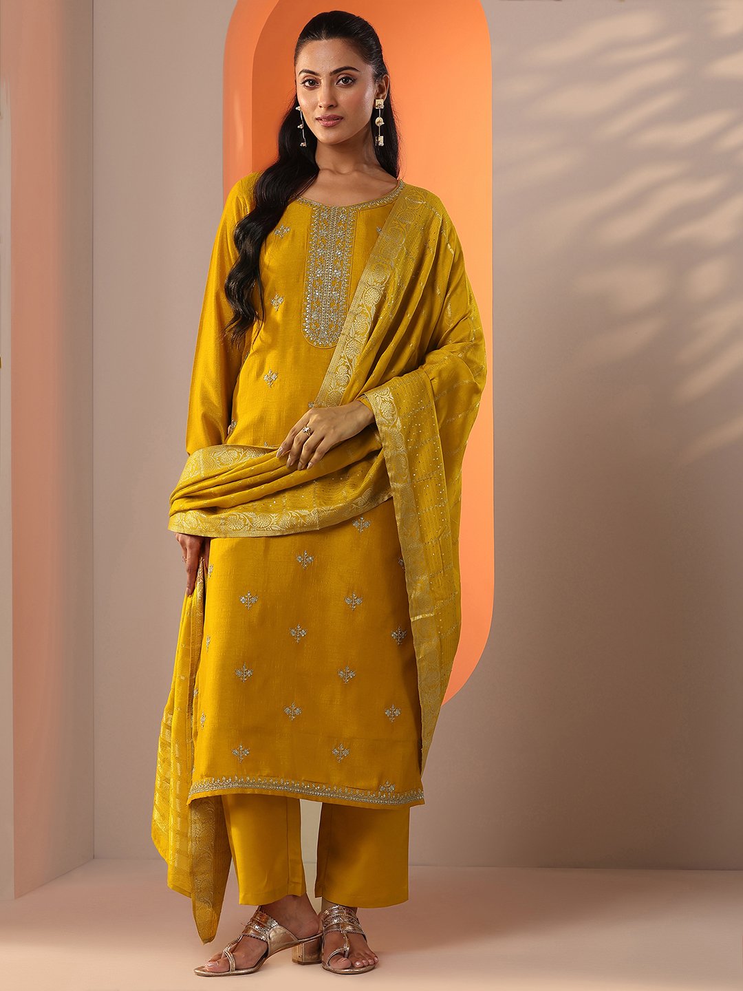 Mustard Embellished Silk Blend Straight Kurta, Trousers and Dupatta Set