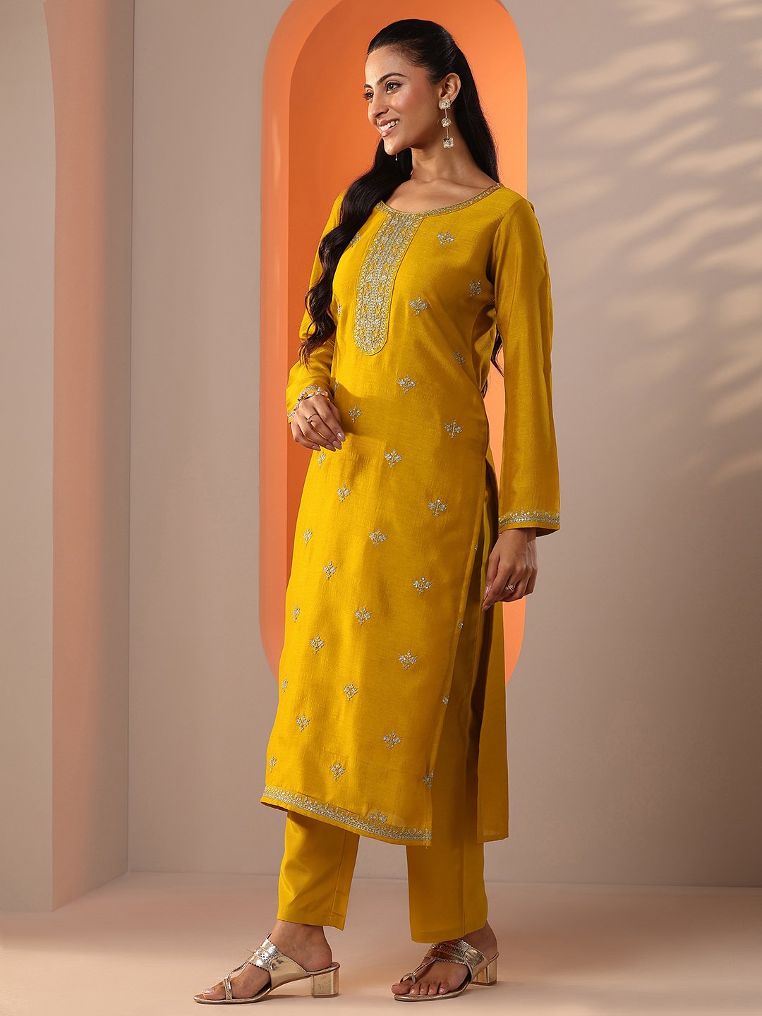 Mustard Embellished Silk Blend Straight Kurta, Trousers and Dupatta Set
