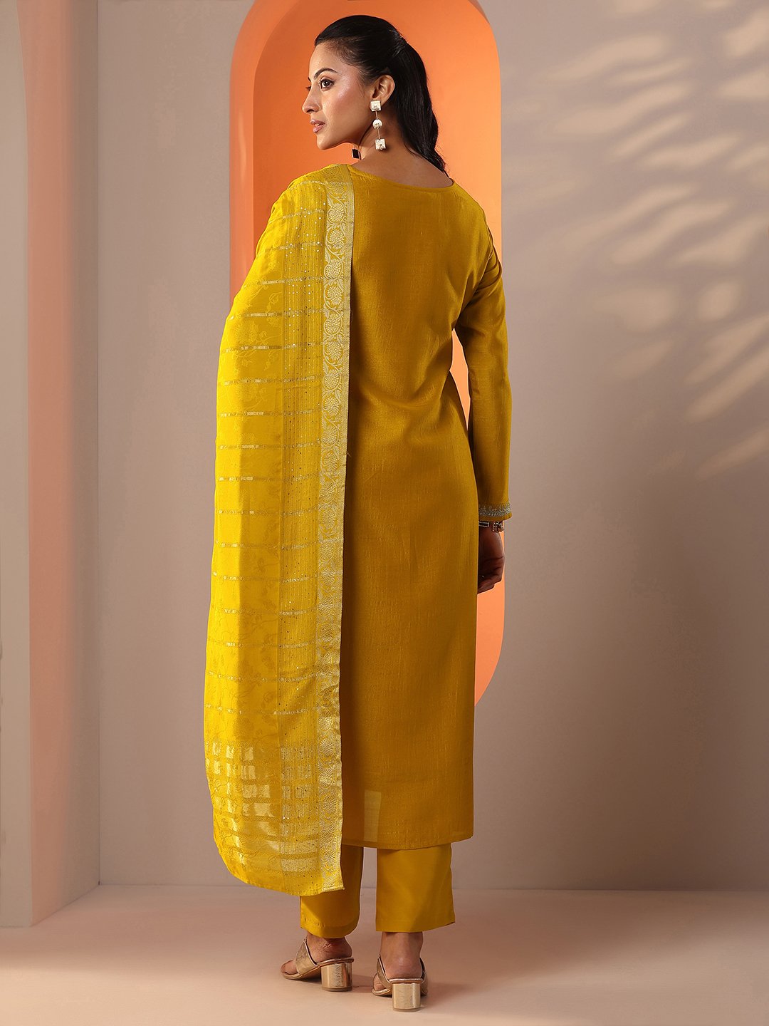 Mustard Embellished Silk Blend Straight Kurta, Trousers and Dupatta Set