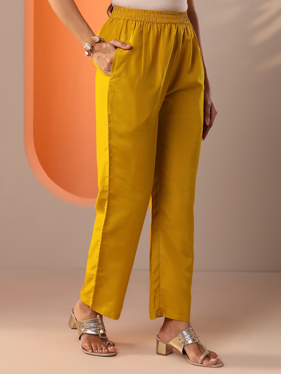 Mustard Embellished Silk Blend Straight Kurta, Trousers and Dupatta Set