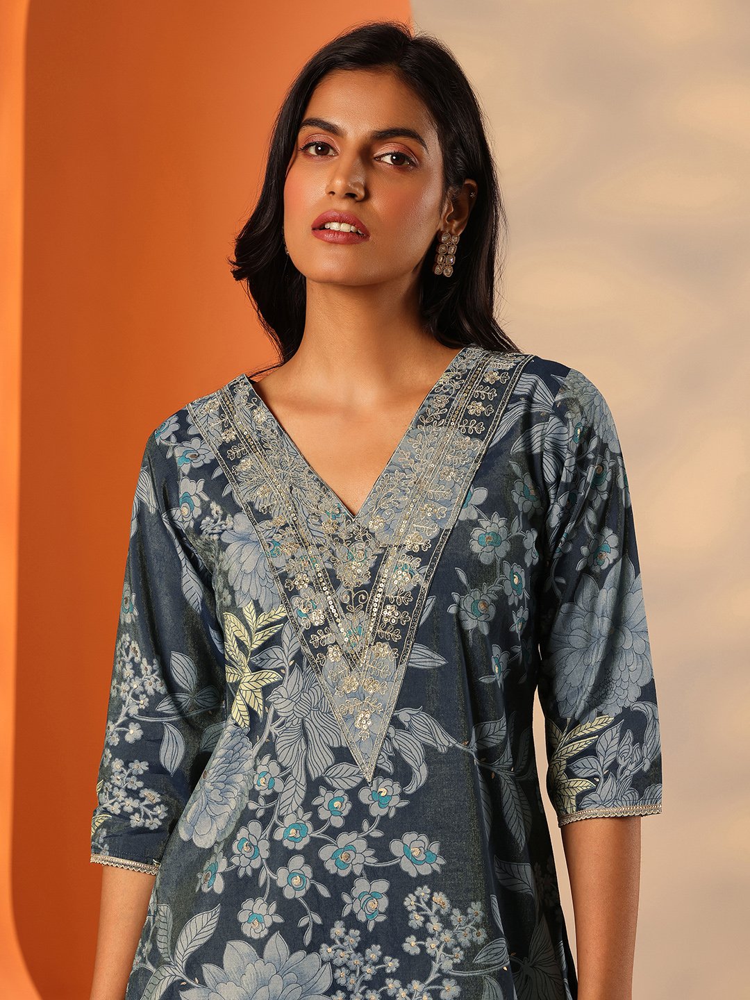 Blue Printed Silk Blend Straight Kurta, Trousers and Dupatta Set