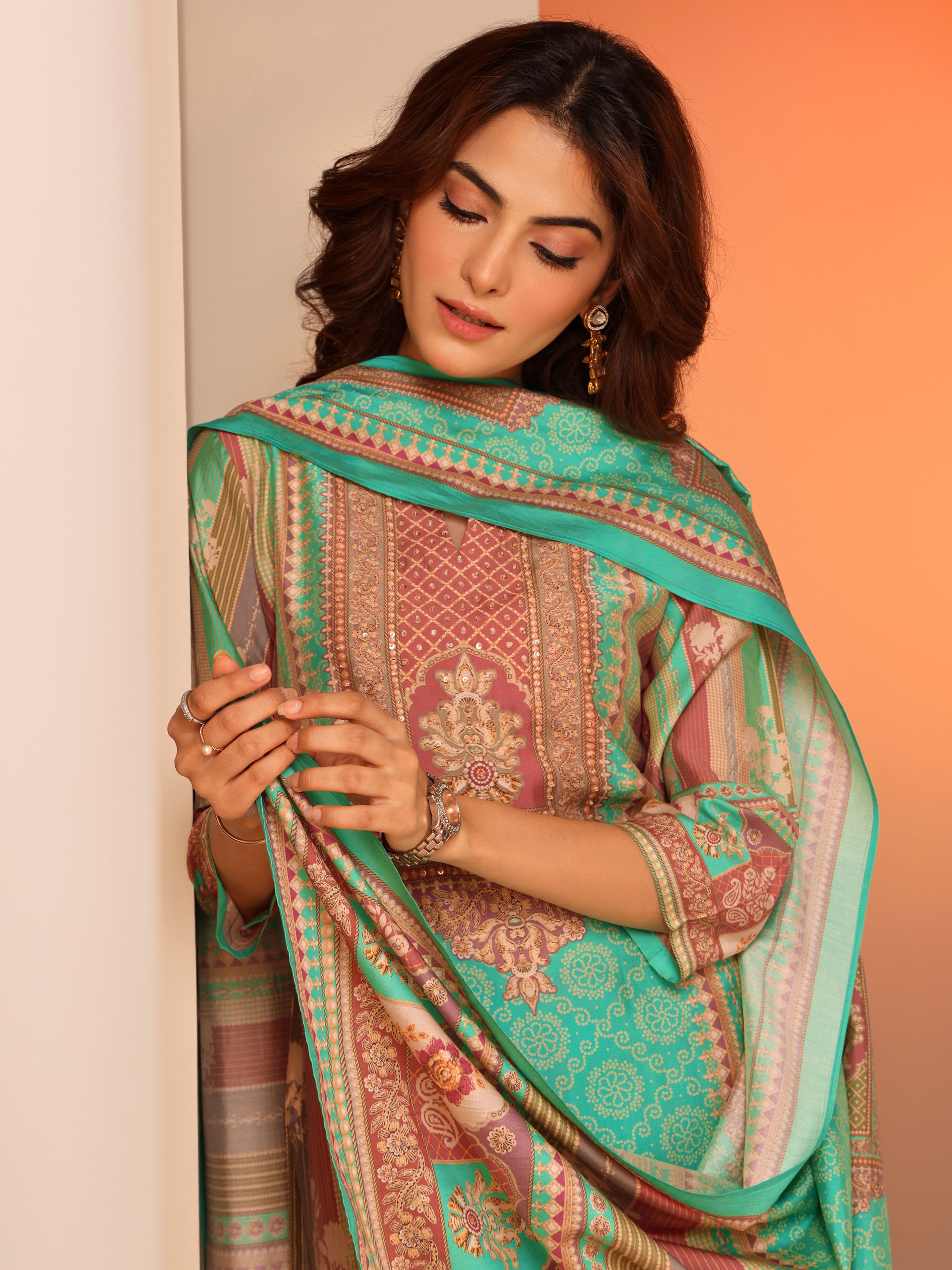 Multi Printed Silk Blend Straight Kurta, Trousers and Dupatta Set