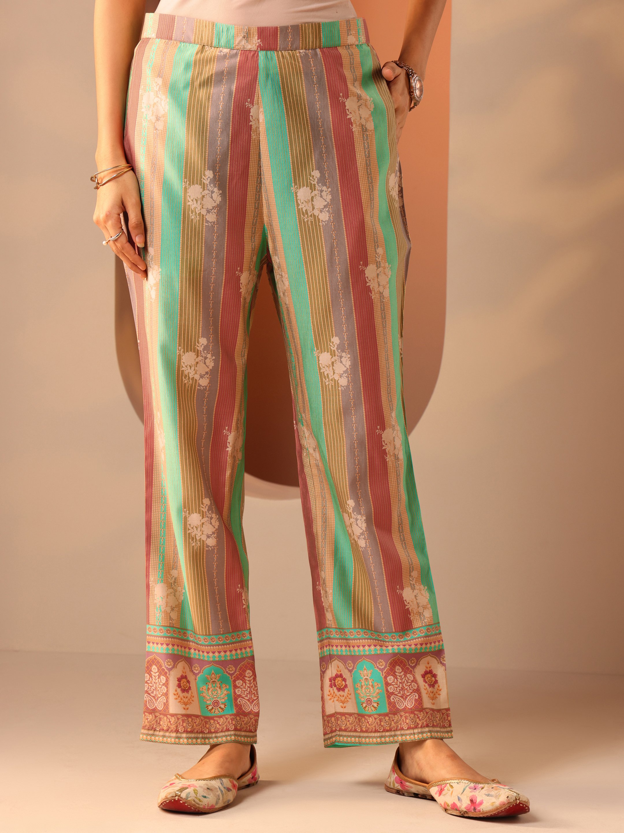 Multi Printed Silk Blend Straight Kurta, Trousers and Dupatta Set