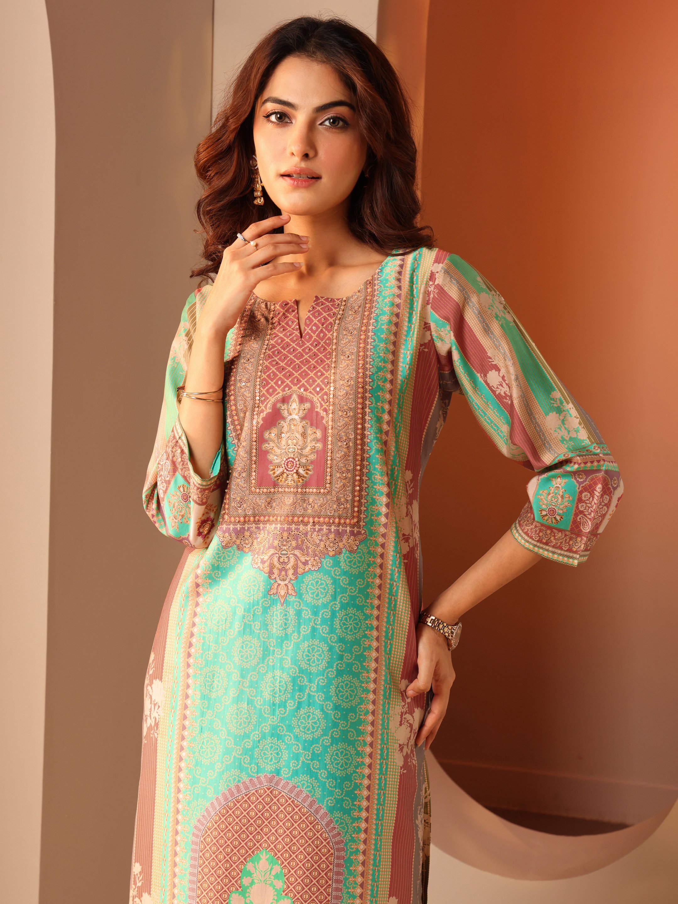 Multi Printed Silk Blend Straight Kurta, Trousers and Dupatta Set