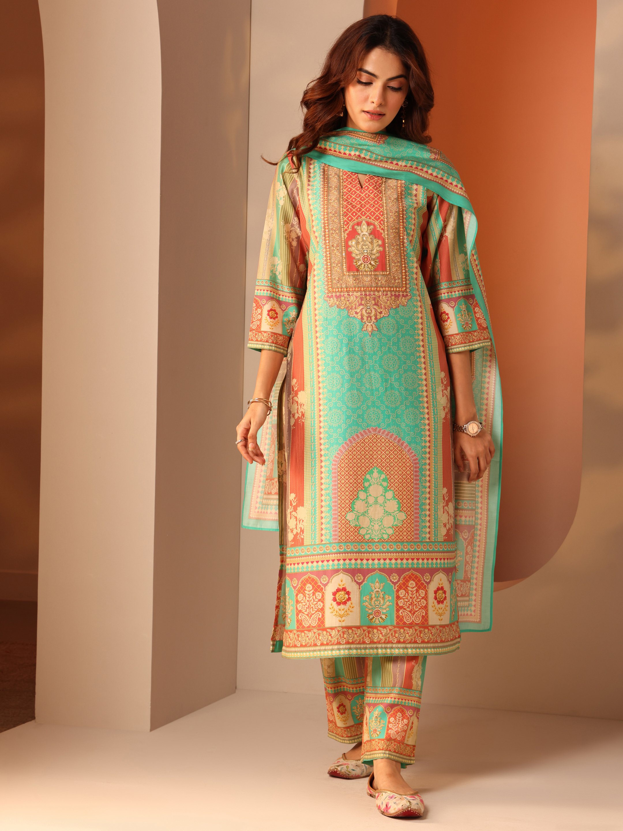 Multi Printed Silk Blend Straight Kurta, Trousers and Dupatta Set