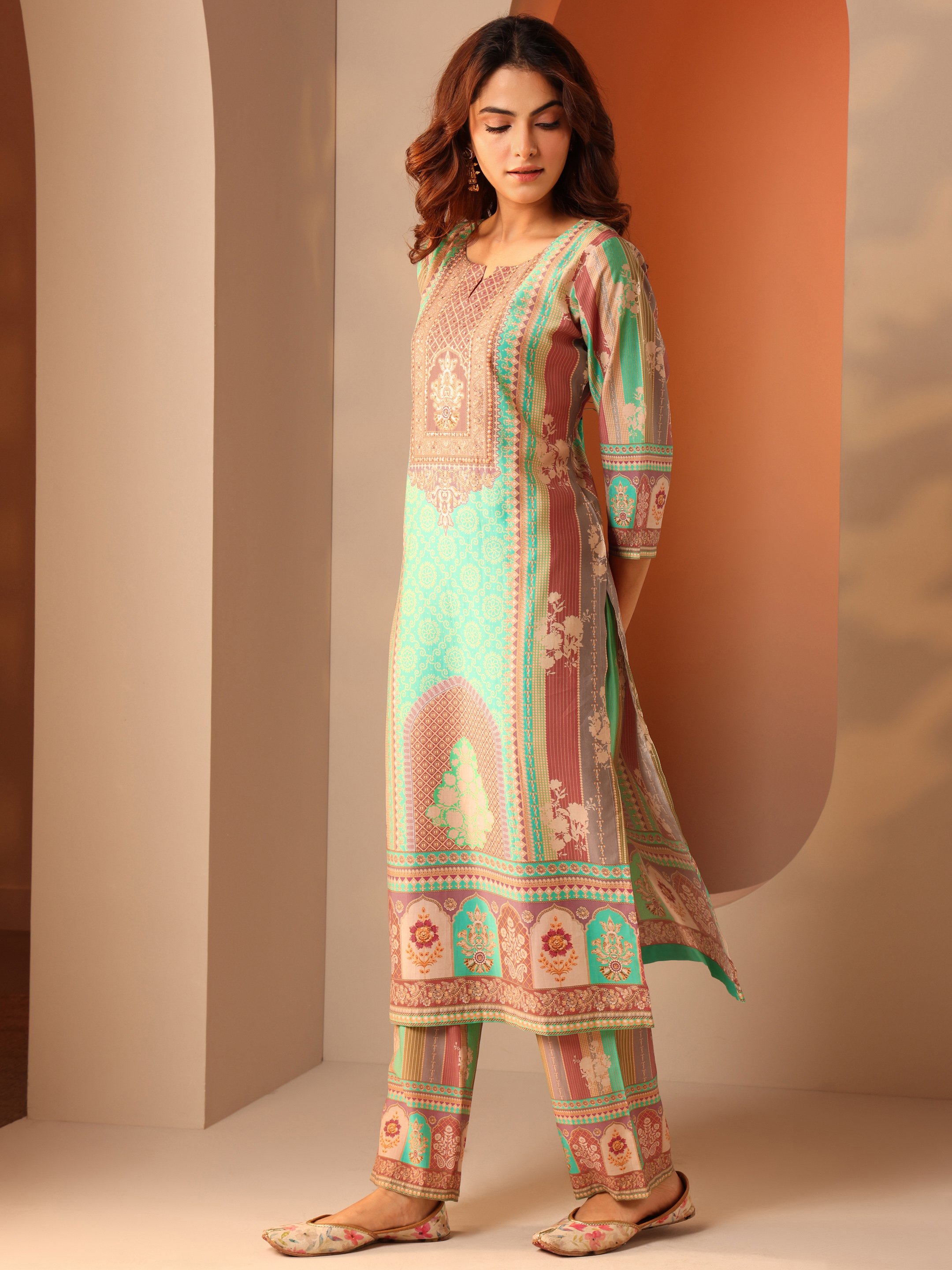 Multi Printed Silk Blend Straight Kurta, Trousers and Dupatta Set