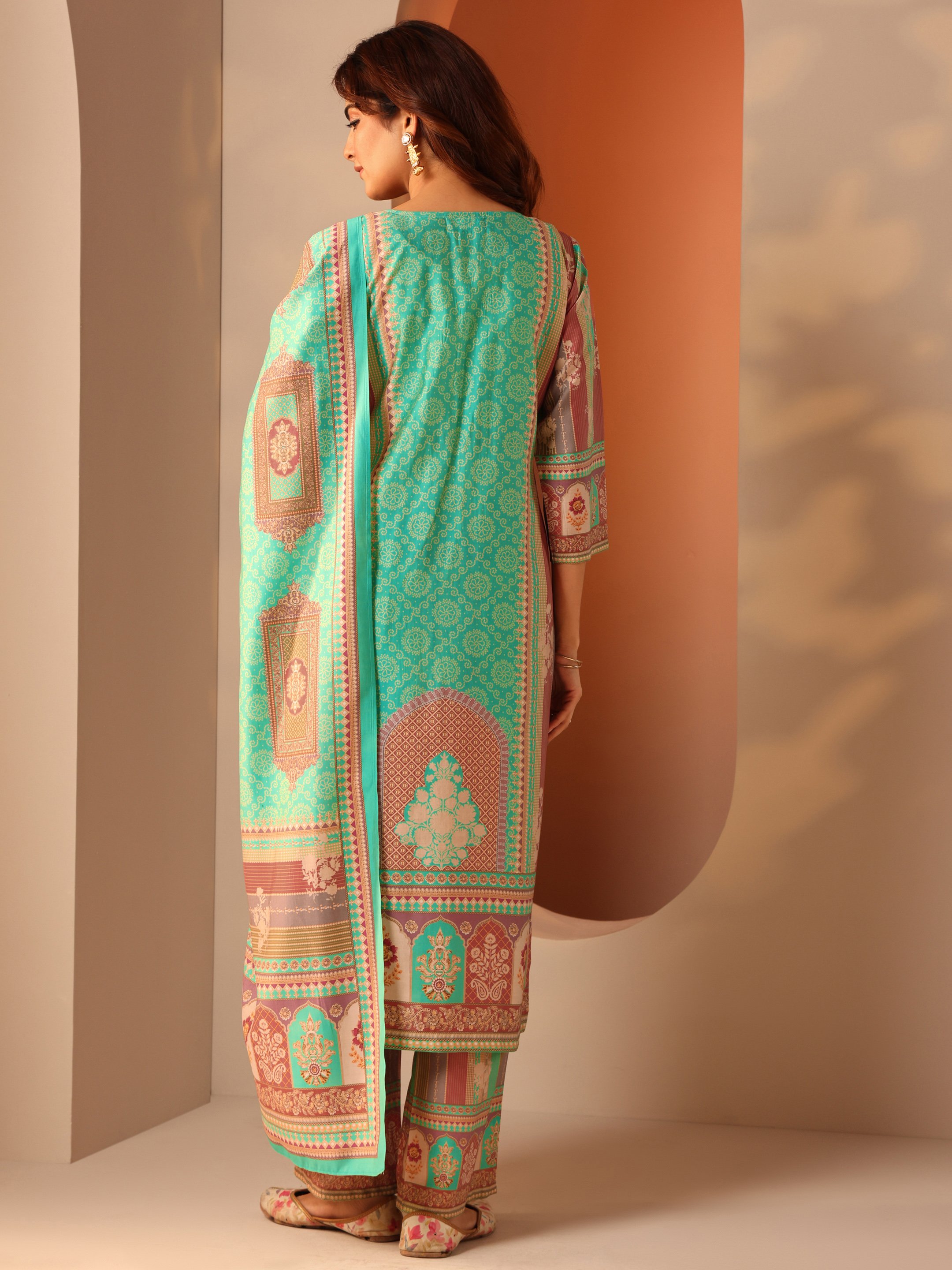 Multi Printed Silk Blend Straight Kurta, Trousers and Dupatta Set