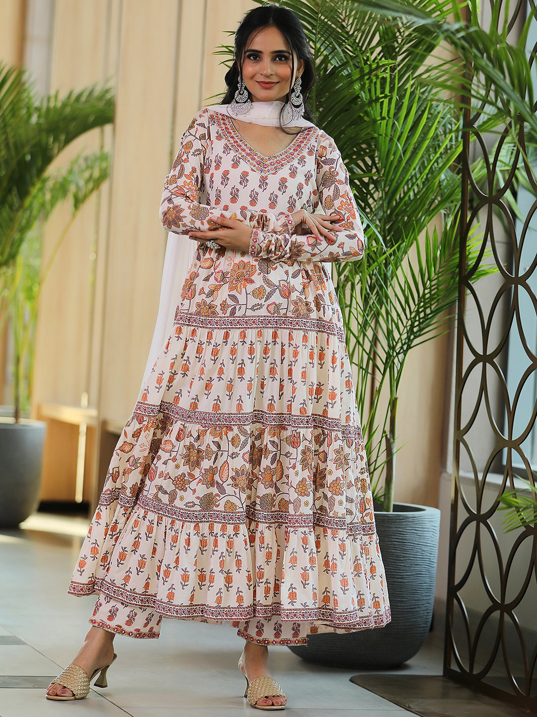 Off White Printed Cotton A-Line Kurta, Trousers and Dupatta Set