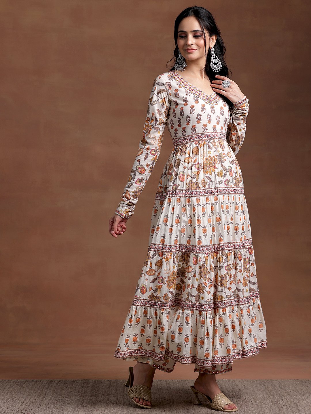 Off White Printed Cotton A-Line Kurta, Trousers and Dupatta Set