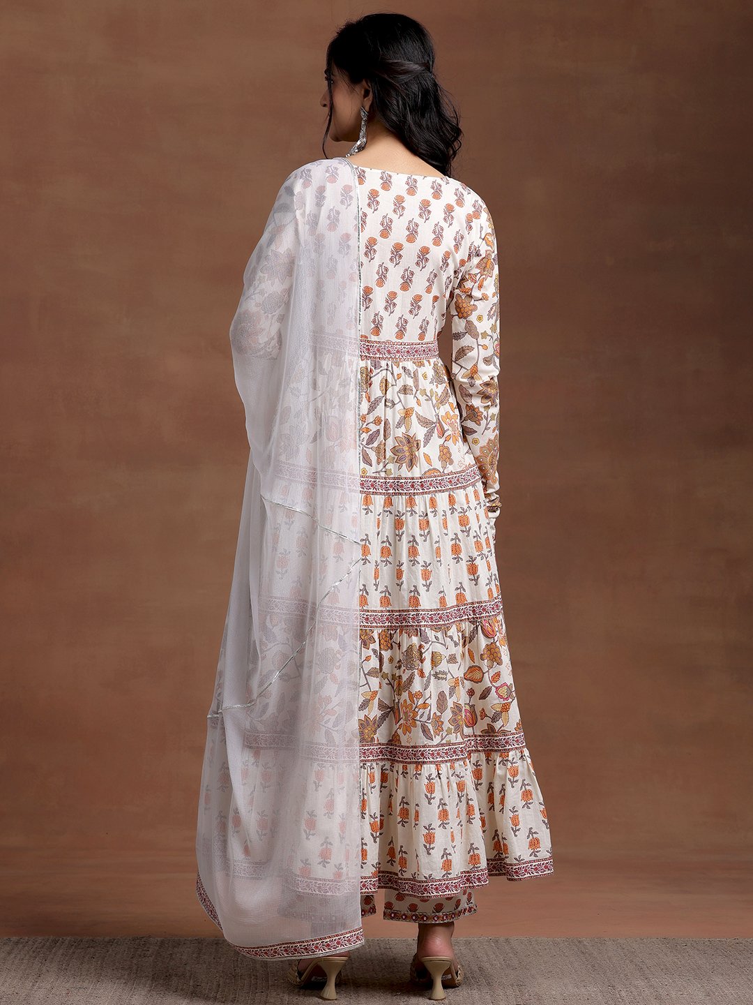 Off White Printed Cotton A-Line Kurta, Trousers and Dupatta Set