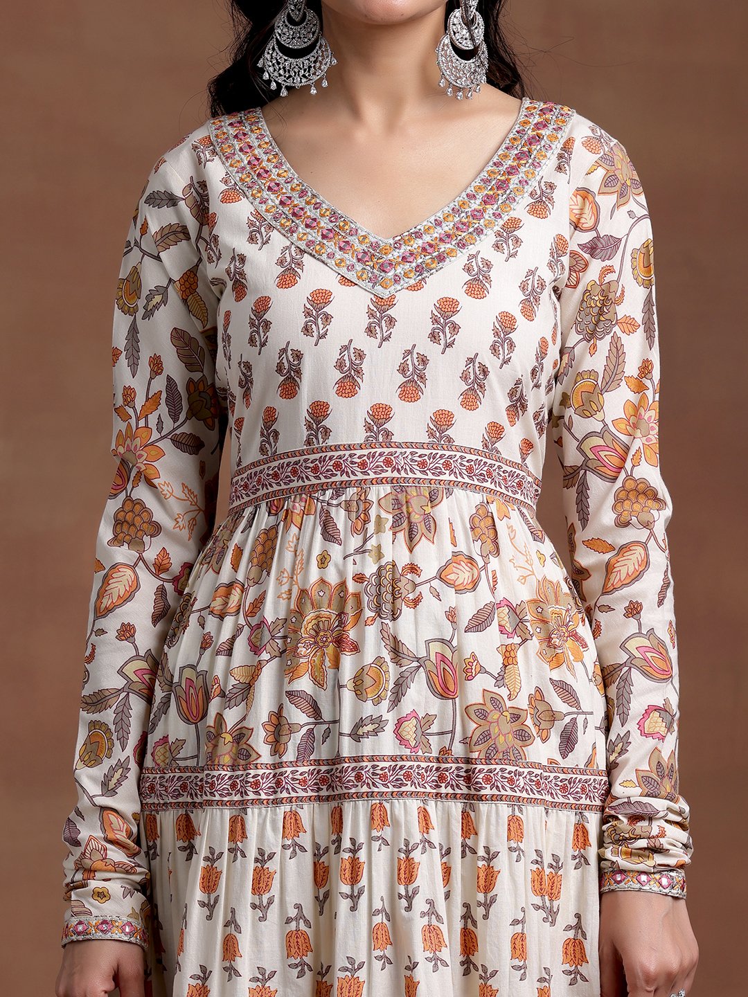 Off White Printed Cotton A-Line Kurta, Trousers and Dupatta Set