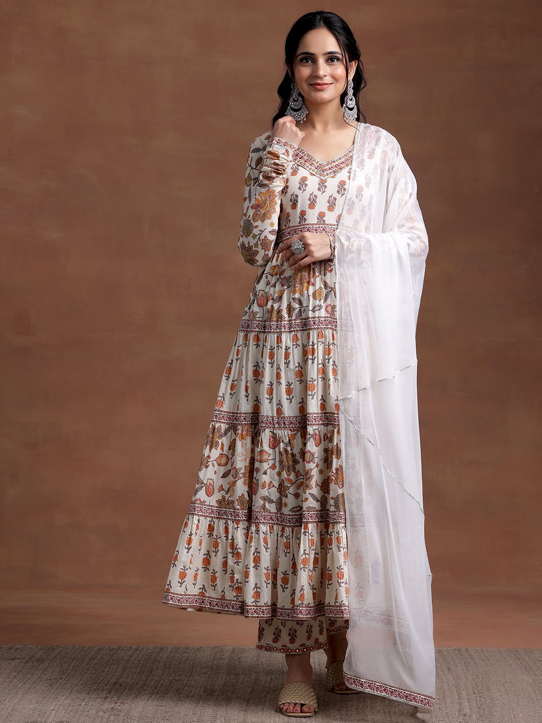 Off White Printed Cotton A-Line Kurta, Trousers and Dupatta Set