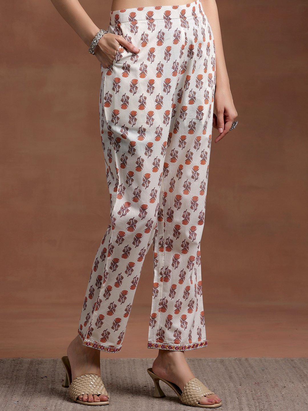 Off White Printed Cotton A-Line Kurta, Trousers and Dupatta Set