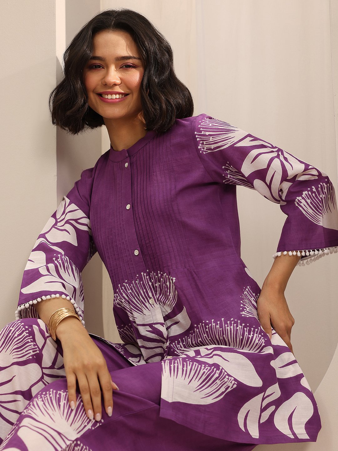 Purple Printed Cotton Top and Pants Co-Ords