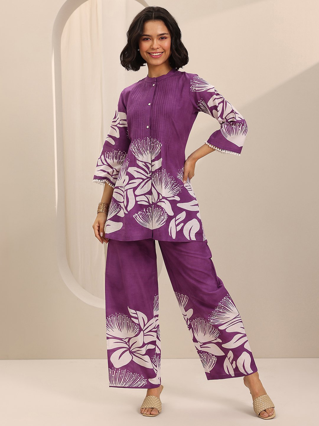 Purple Printed Cotton Top and Pants Co-Ords