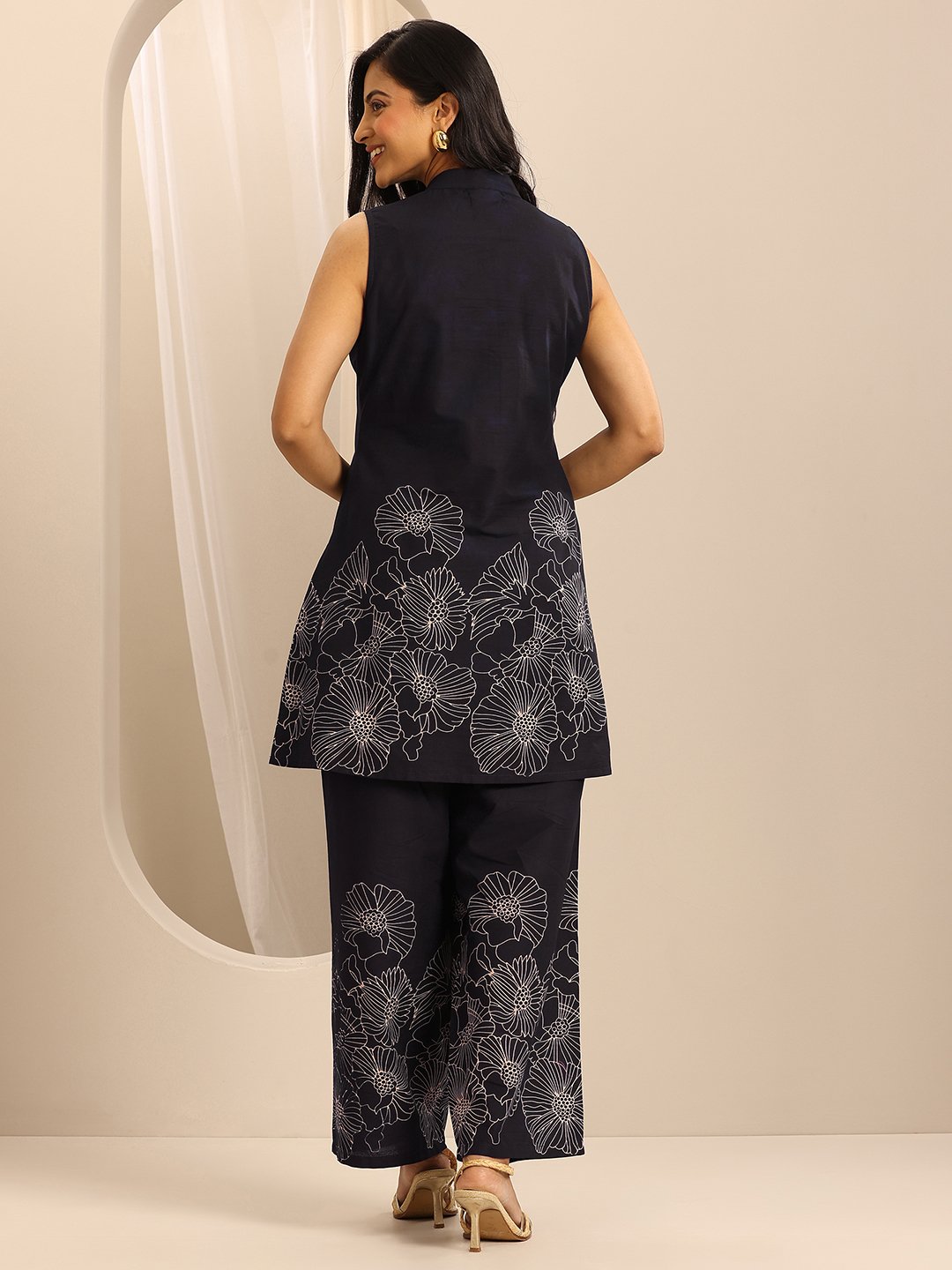 Navy Blue Printed Cotton Top and Pants Co-Ords
