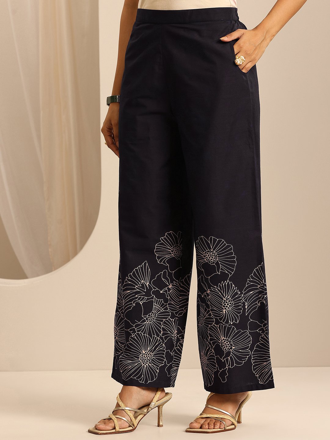Navy Blue Printed Cotton Top and Pants Co-Ords