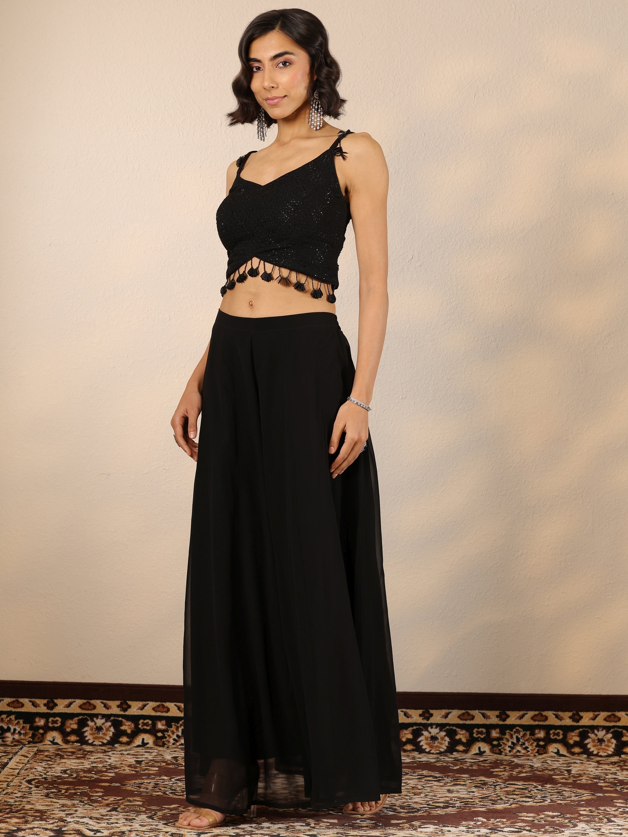 Black Embellished Georgette Top and Pants Co-Ords