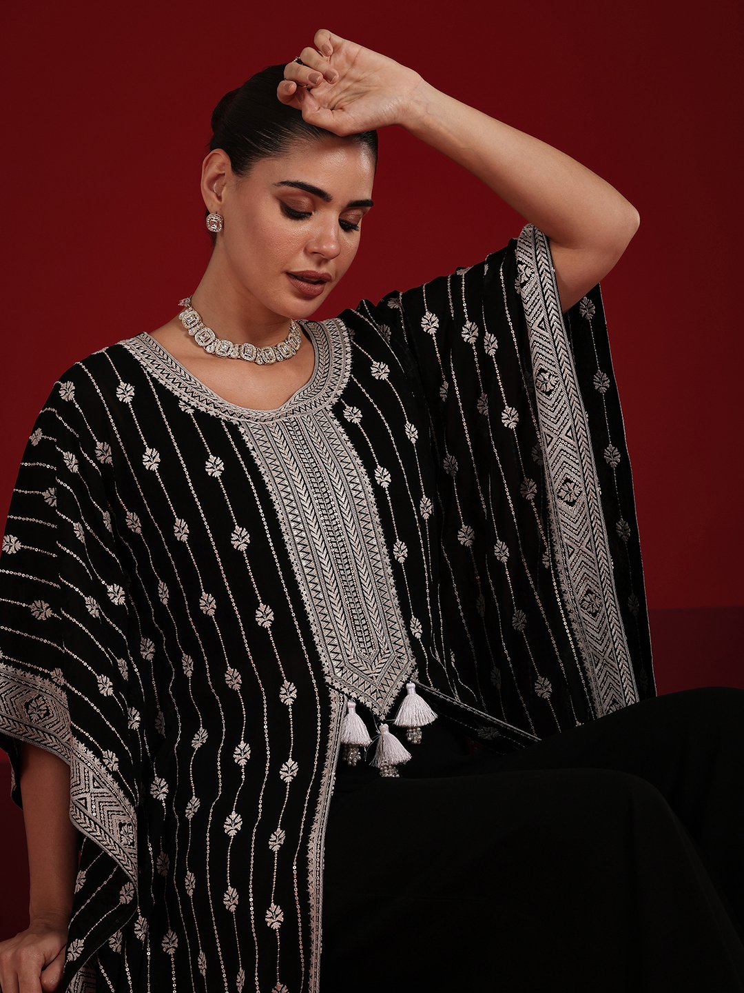 Black Embroidered Georgette Top and Pants Co-Ords