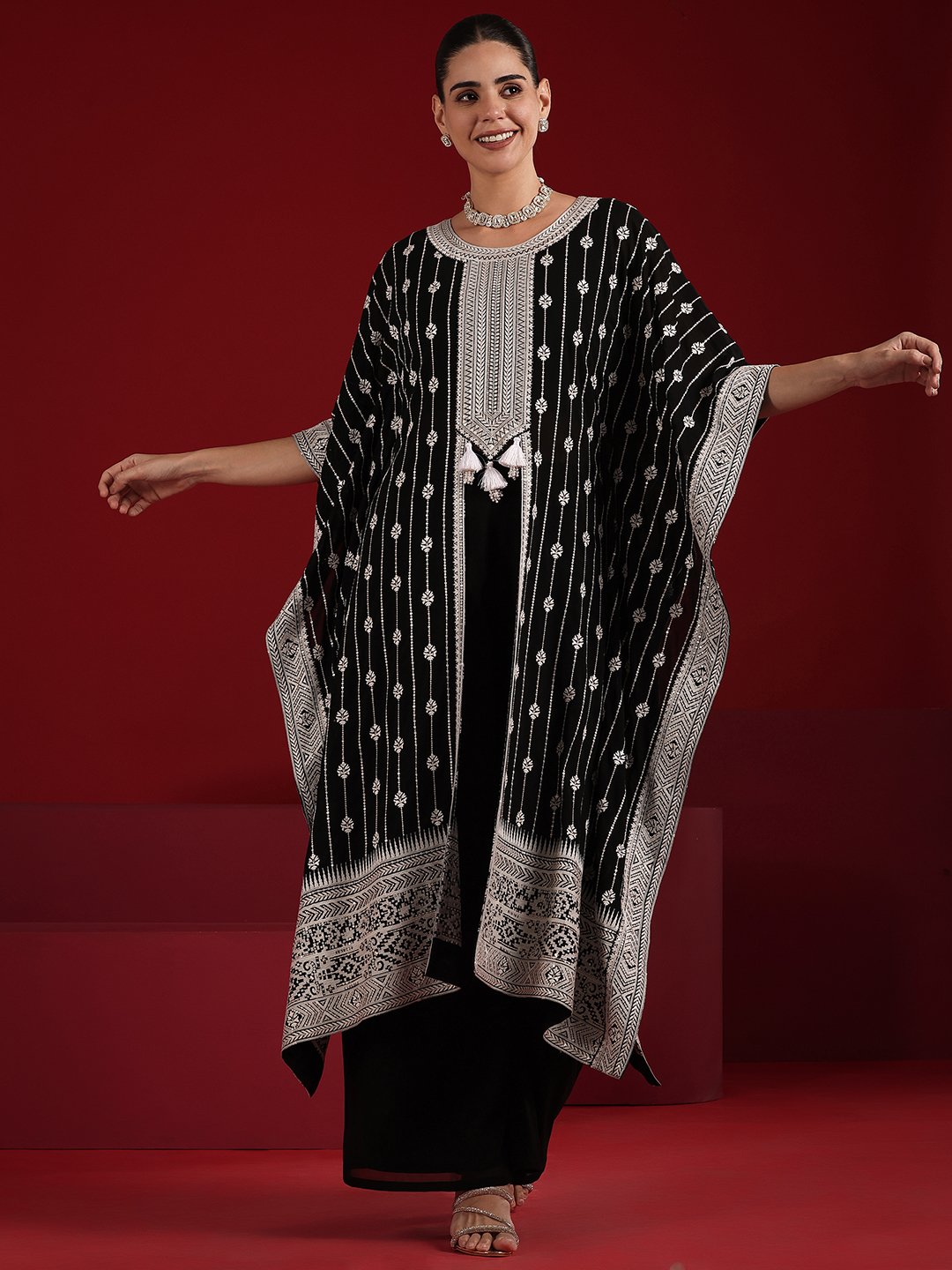Black Embroidered Georgette Top and Pants Co-Ords