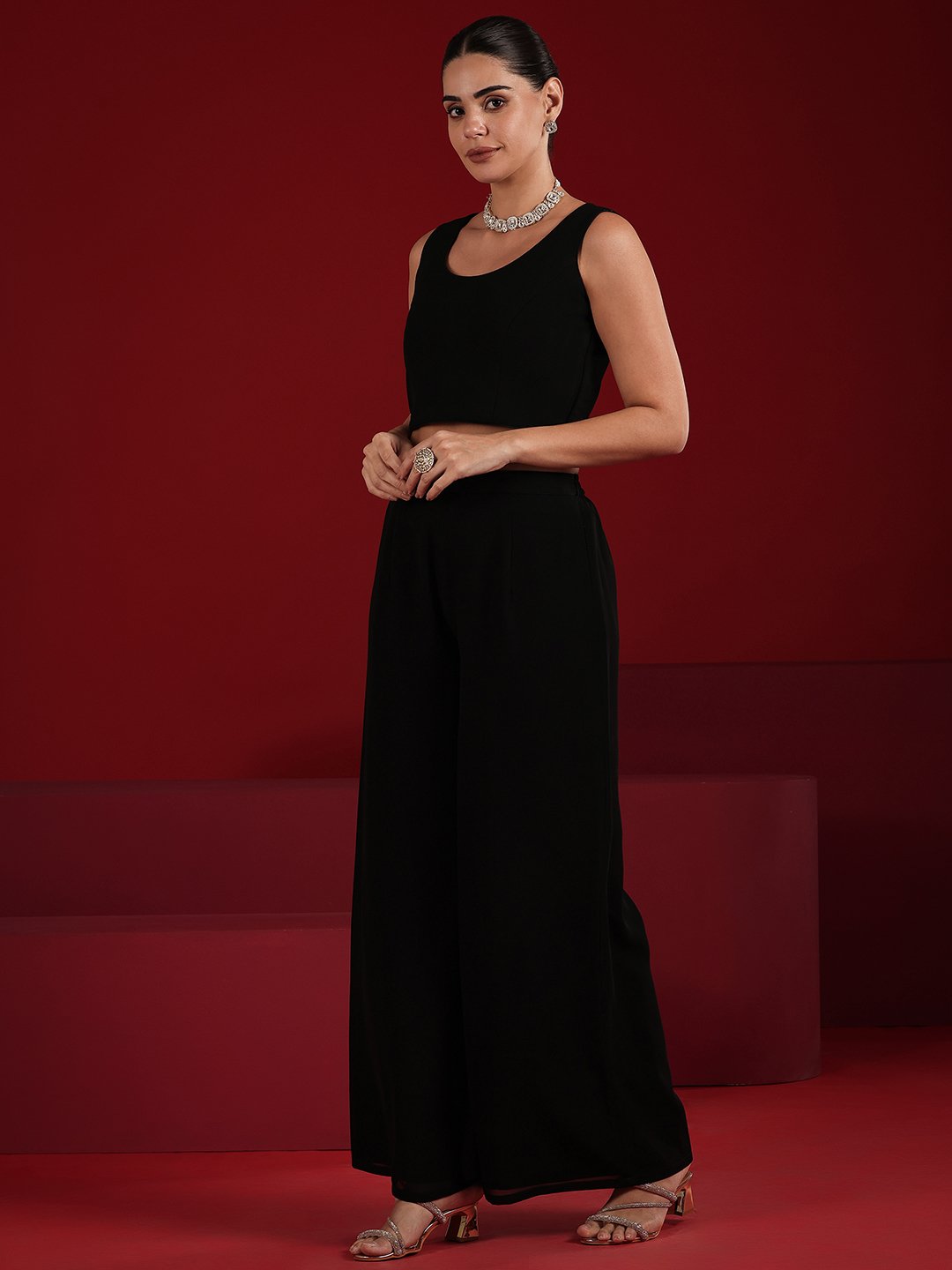 Black Embroidered Georgette Top and Pants Co-Ords