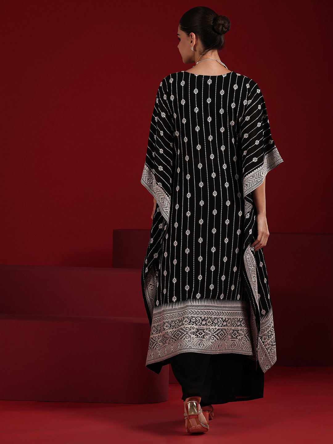 Black Embroidered Georgette Top and Pants Co-Ords