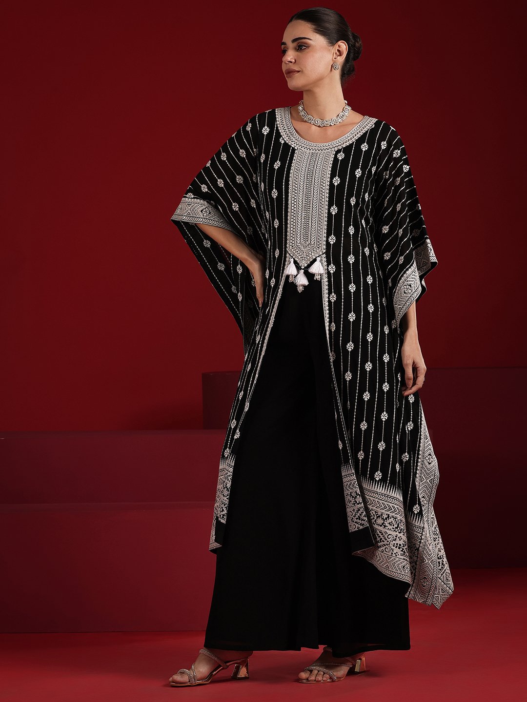 Black Embroidered Georgette Top and Pants Co-Ords