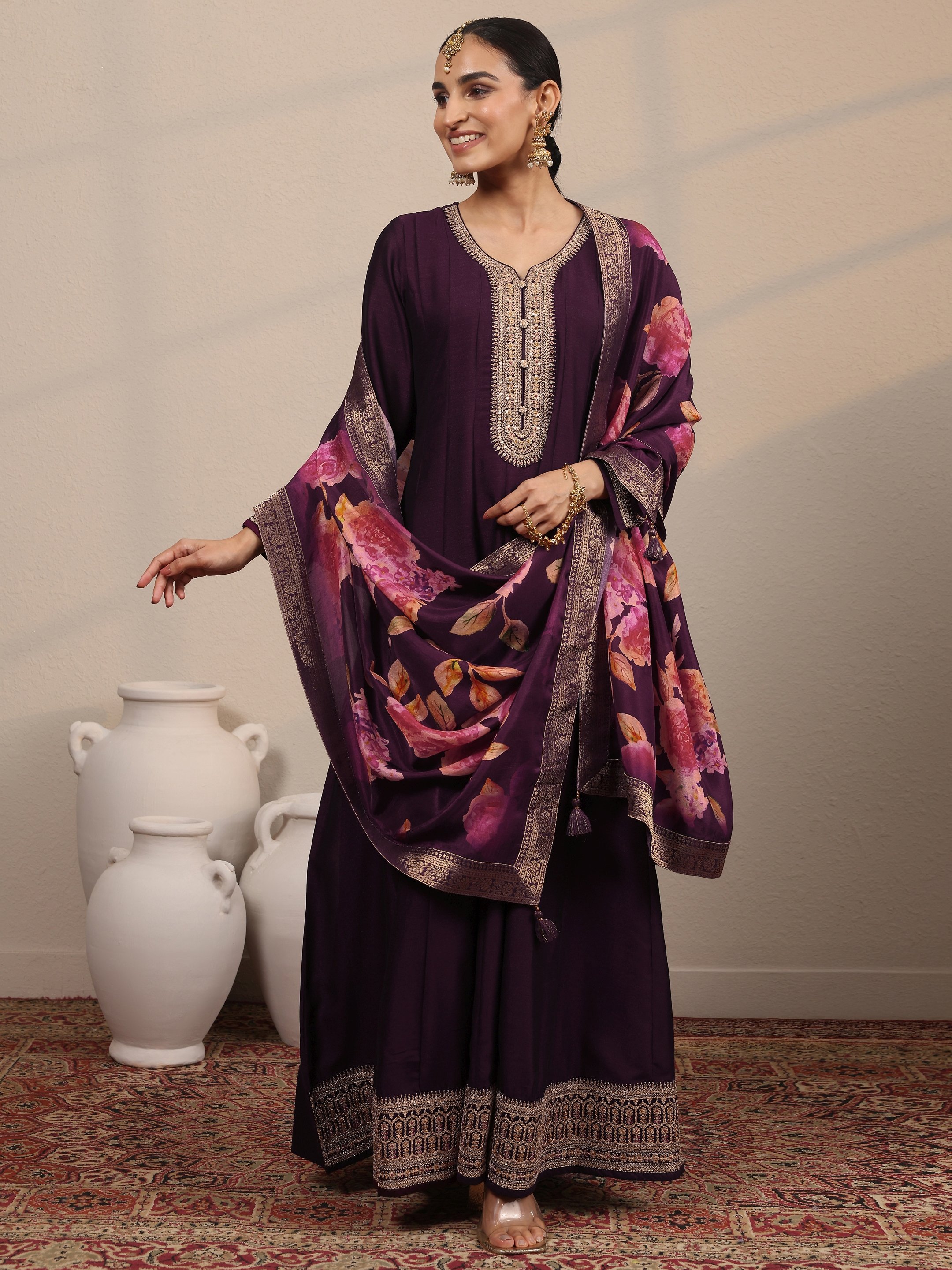 Burgundy Embroidered Silk Blend Gown