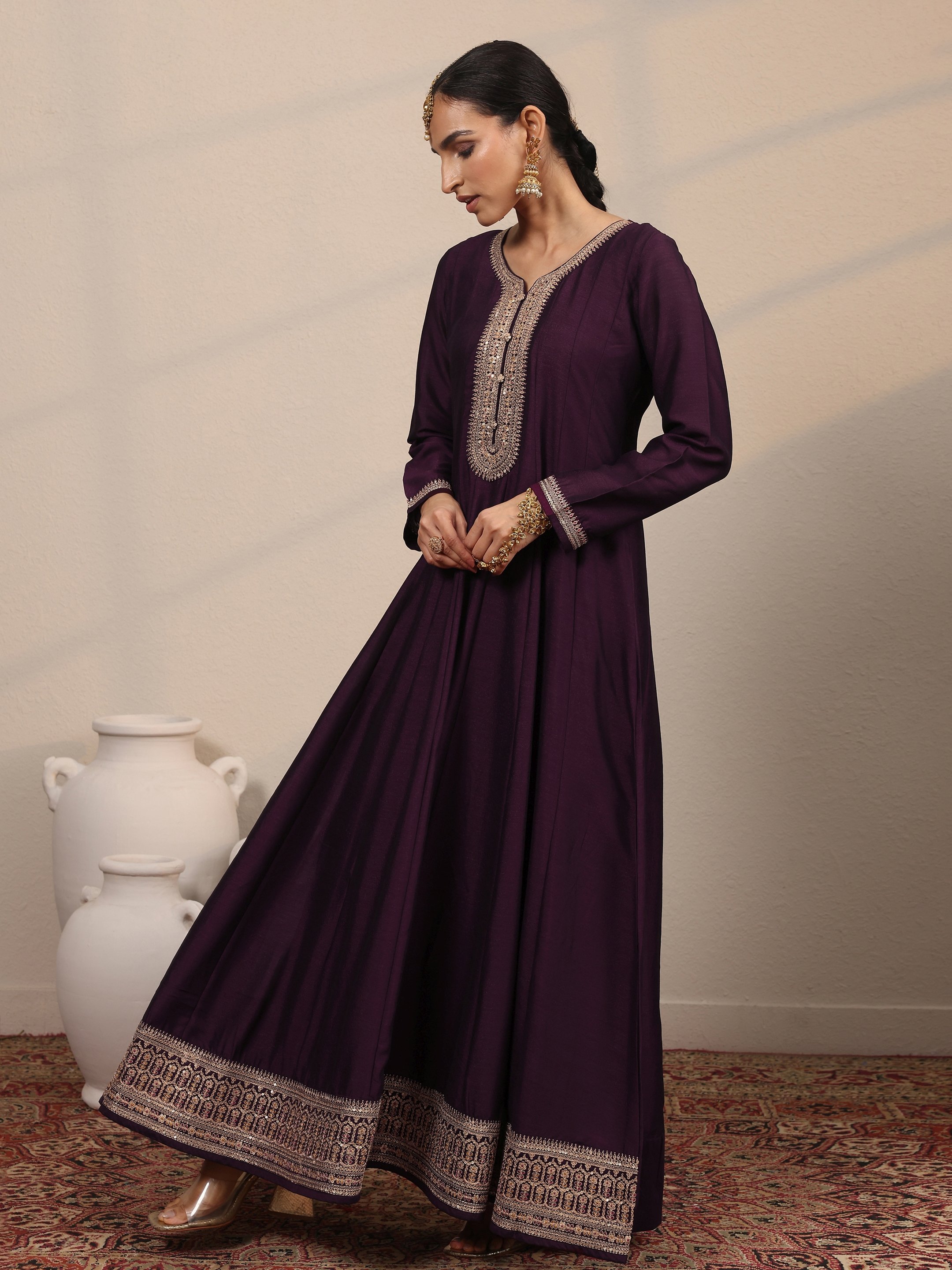 Burgundy Embroidered Silk Blend Gown