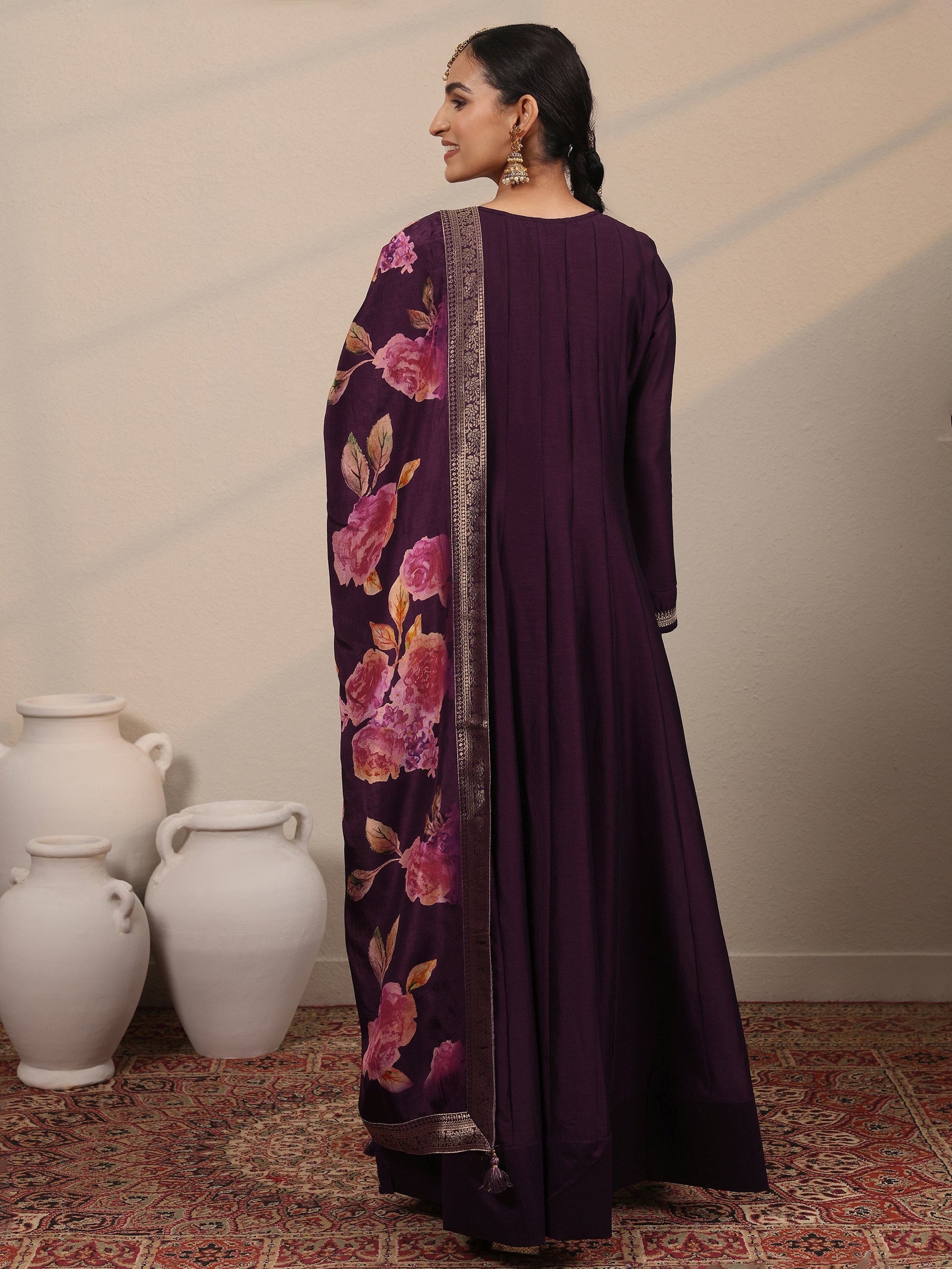 Burgundy Embroidered Silk Blend Gown