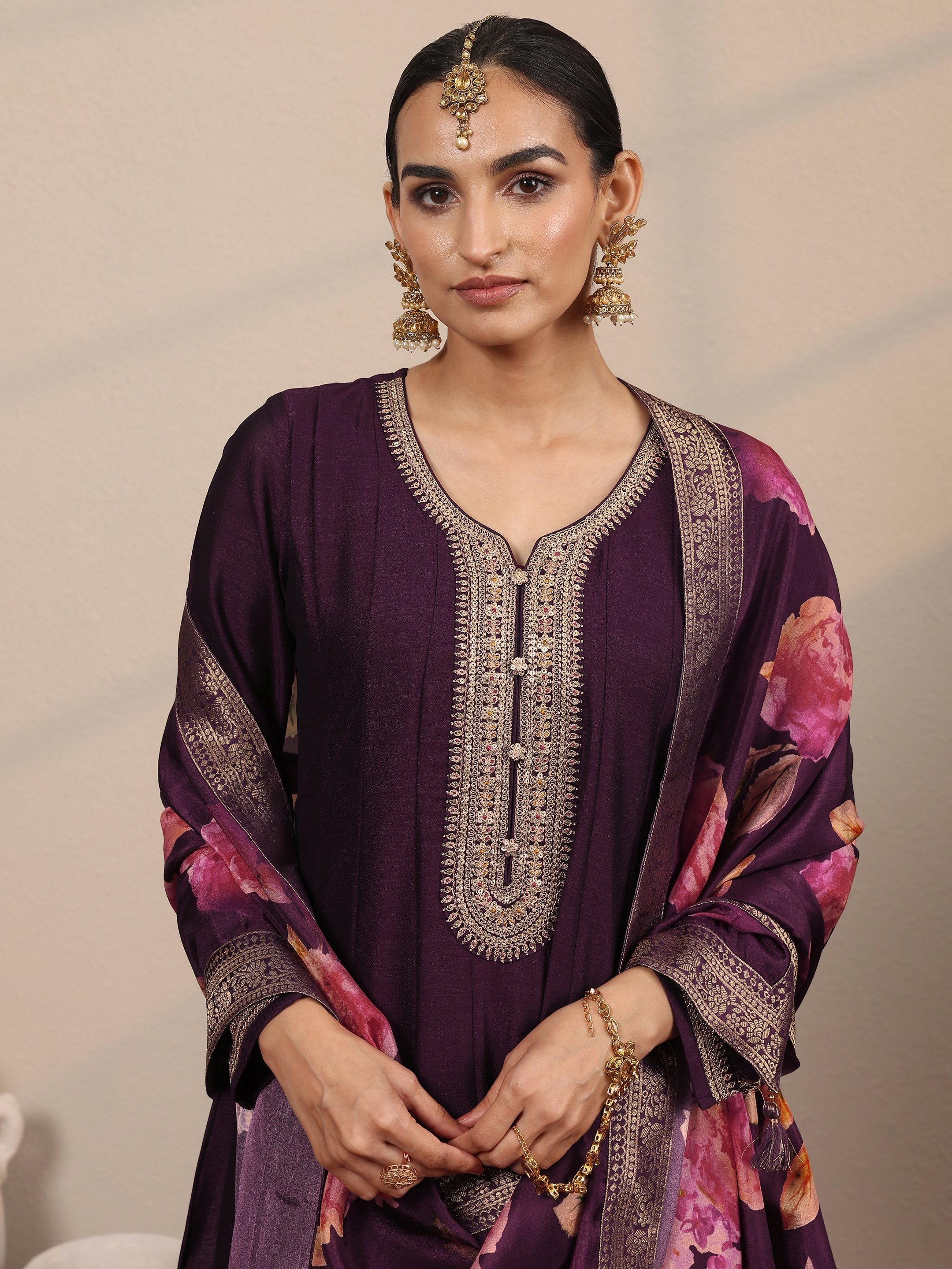 Burgundy Embroidered Silk Blend Gown