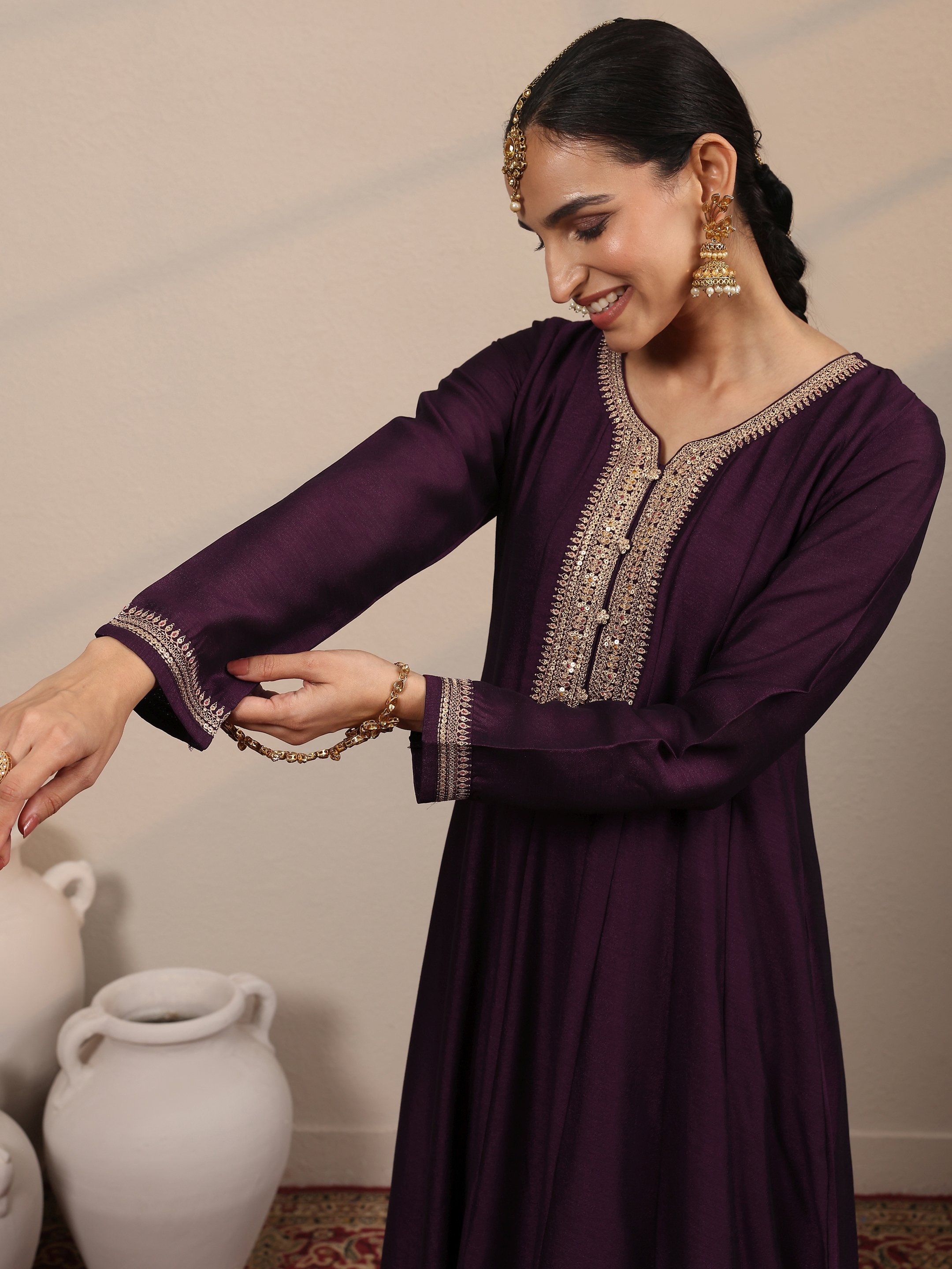 Burgundy Embroidered Silk Blend Gown