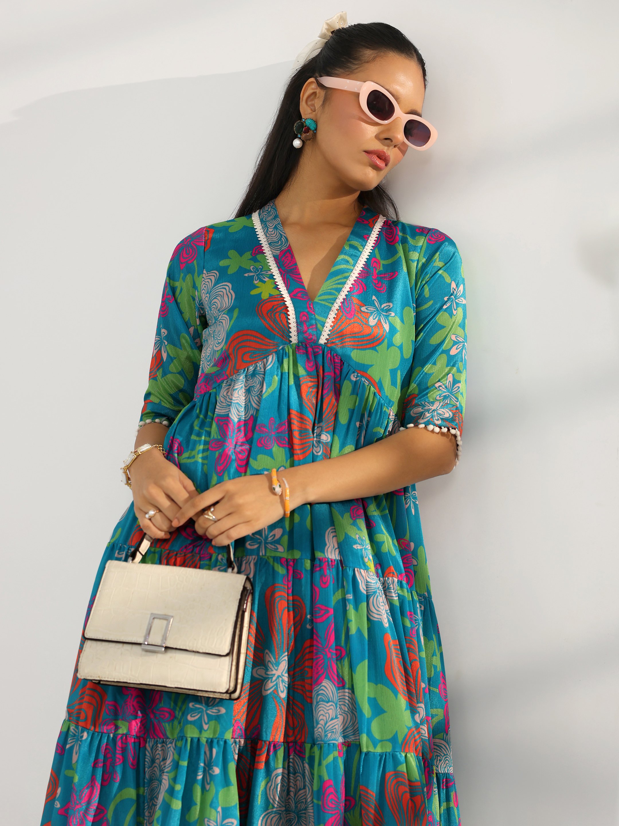 Blue Printed Silk Blend Tiered Midi Dress