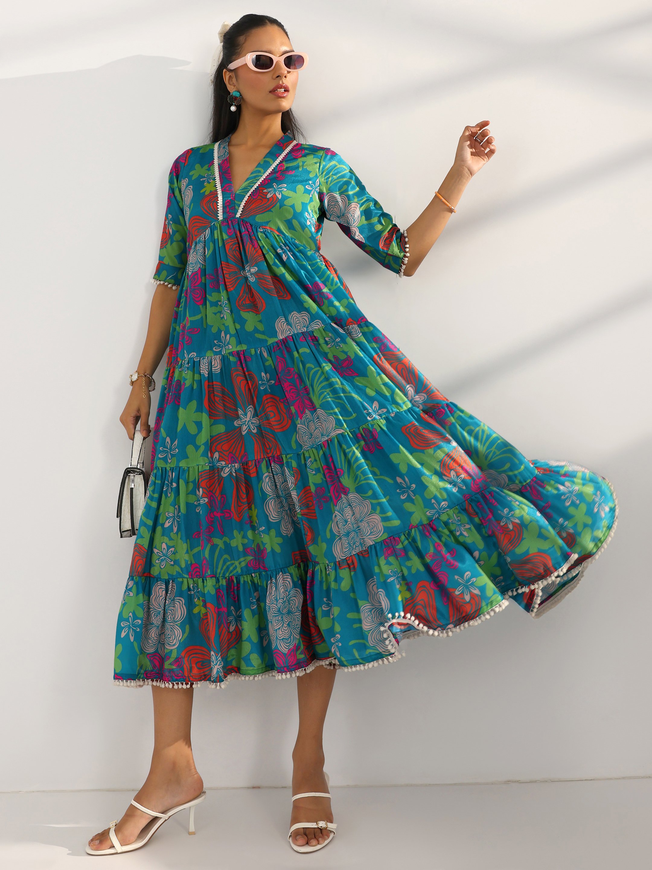 Blue Printed Silk Blend Tiered Midi Dress