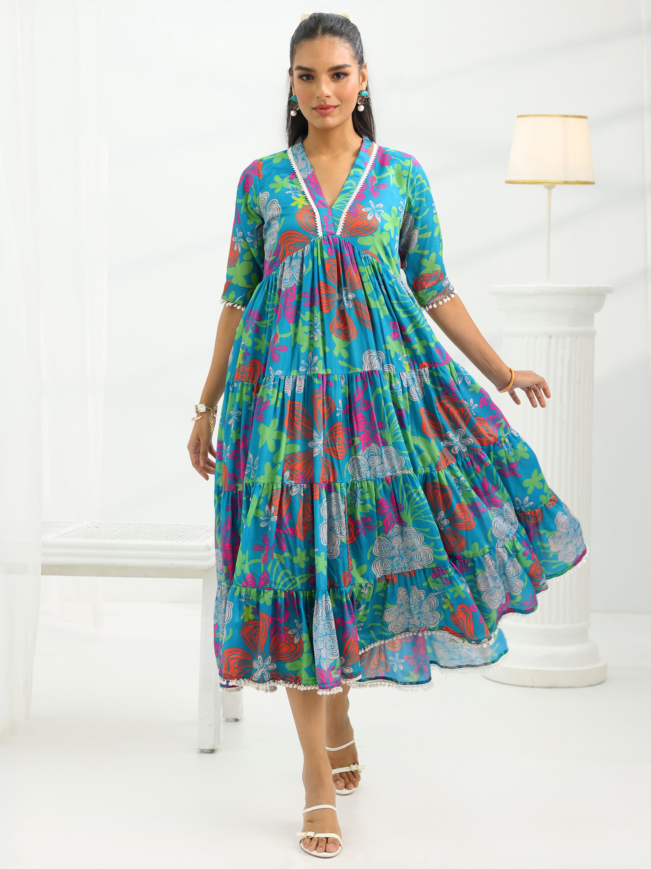 Blue Printed Silk Blend Tiered Midi Dress