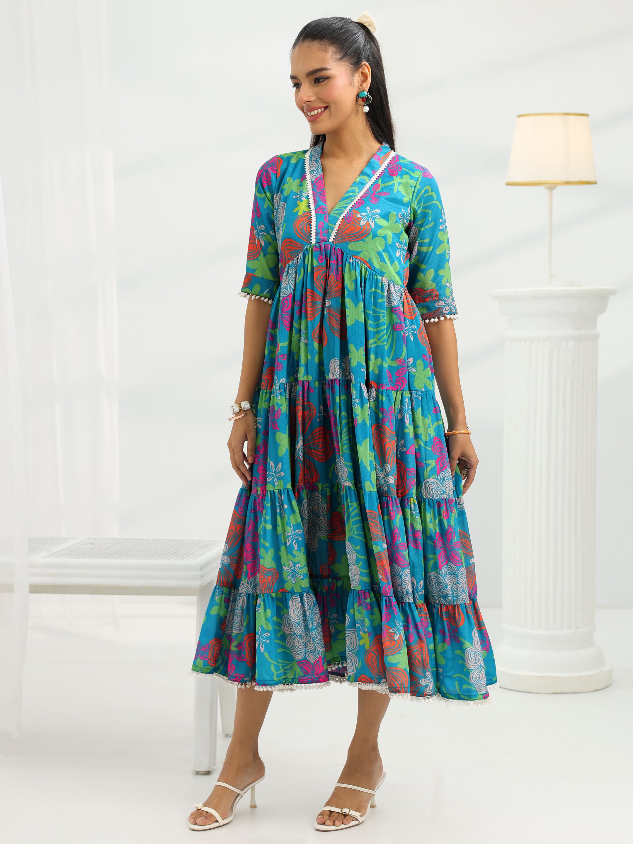 Blue Printed Silk Blend Tiered Midi Dress