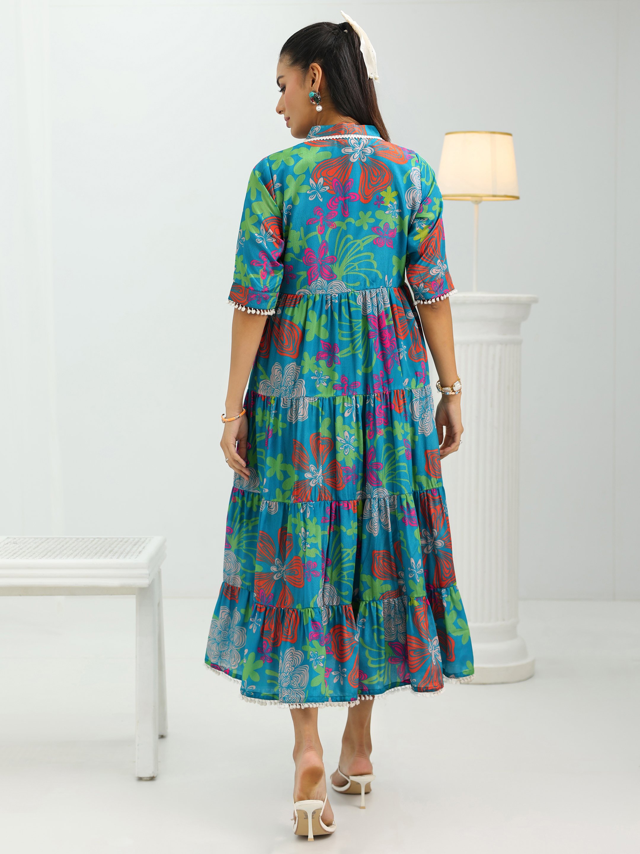 Blue Printed Silk Blend Tiered Midi Dress