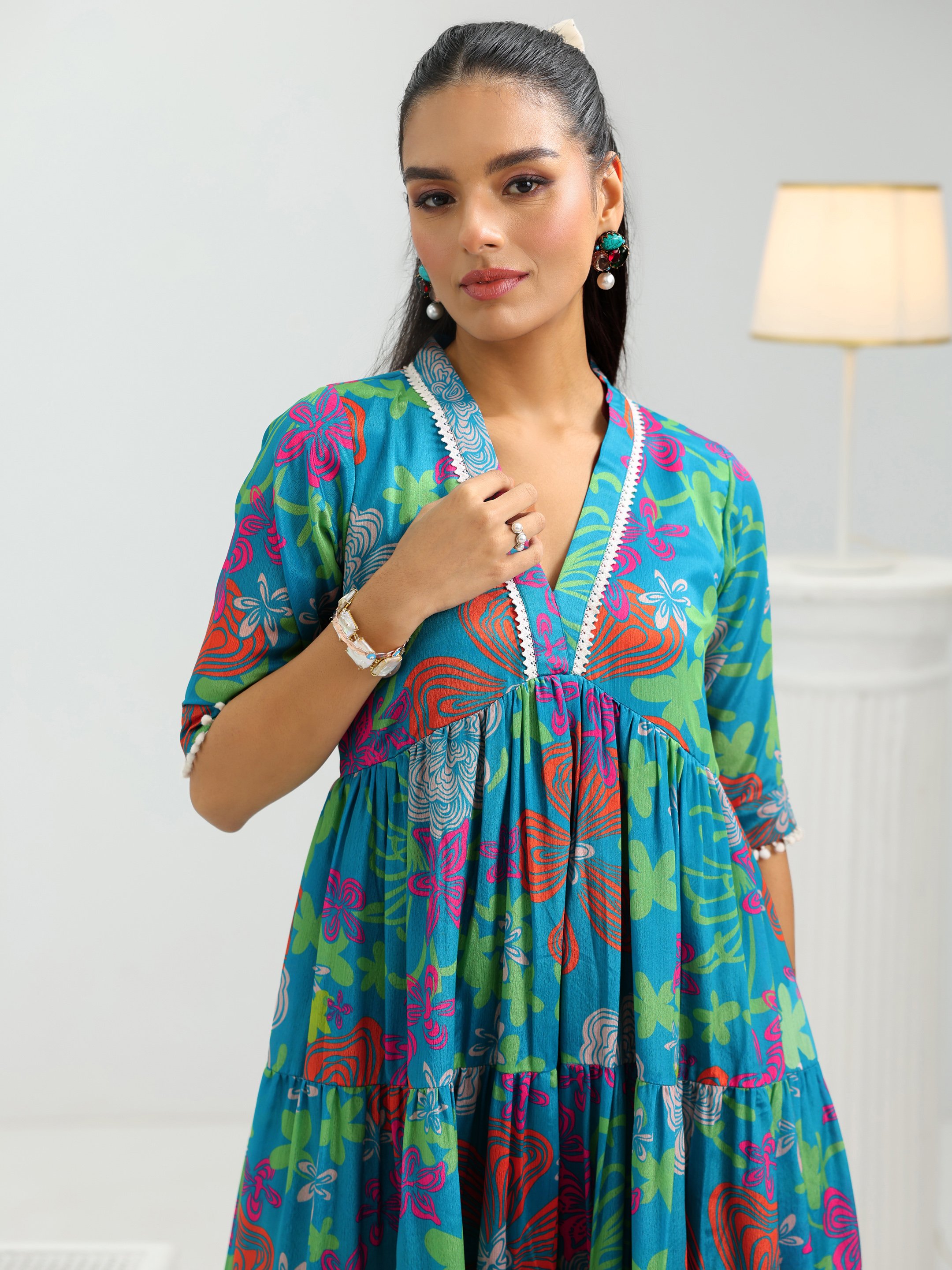 Blue Printed Silk Blend Tiered Midi Dress