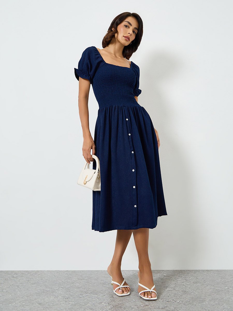 Navy Blue Smocked Bodice Knee Length Dress