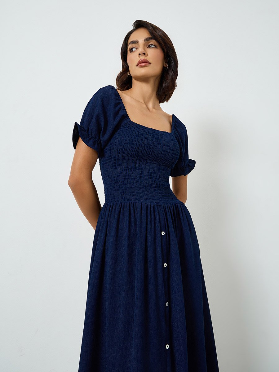 Navy Blue Smocked Bodice Knee Length Dress
