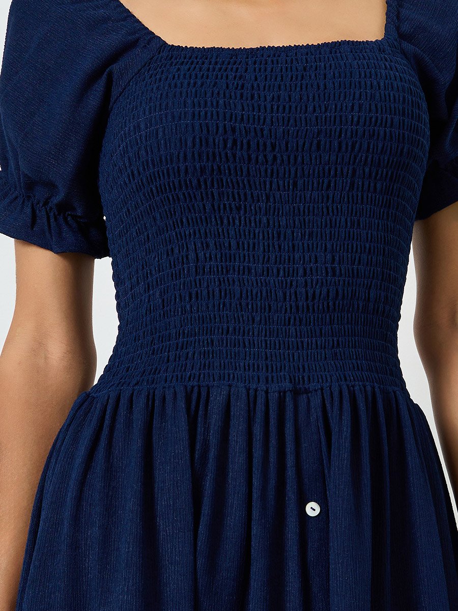 Navy Blue Smocked Bodice Knee Length Dress