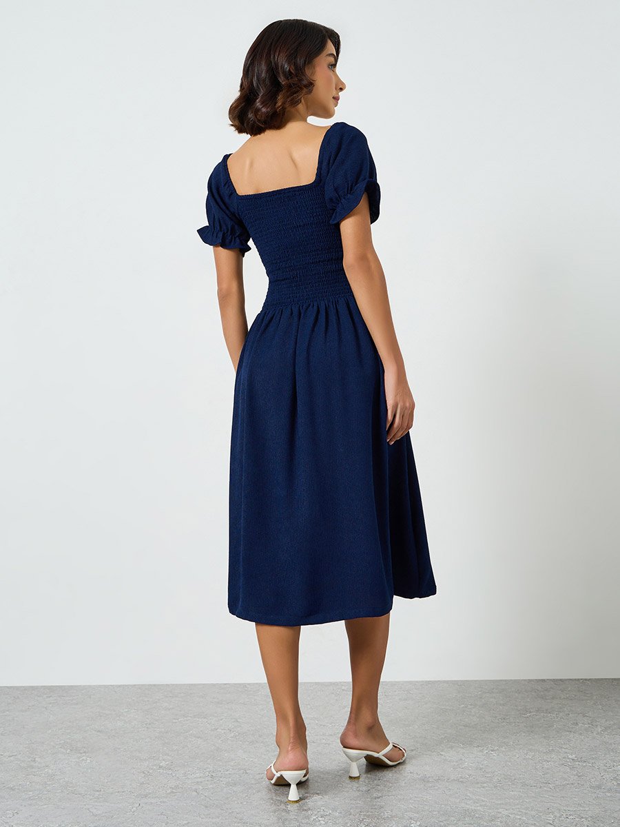 Navy Blue Smocked Bodice Knee Length Dress