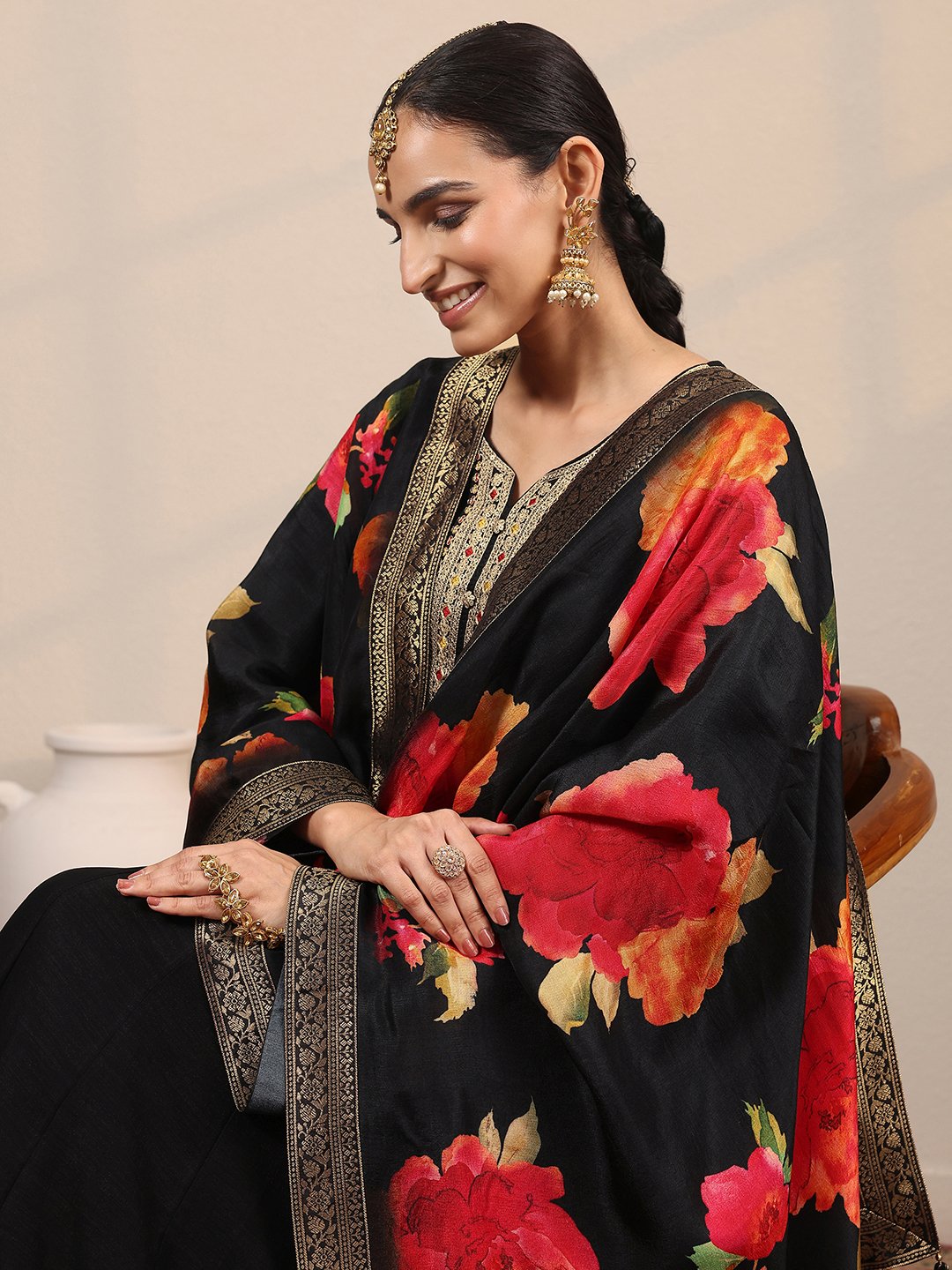 Embroidered Silk Blend A-Line Gown with Dupatta