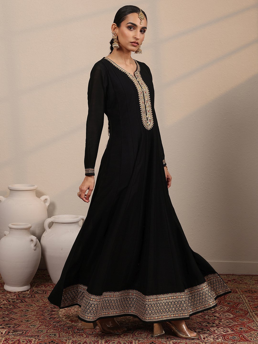 Embroidered Silk Blend A-Line Gown with Dupatta